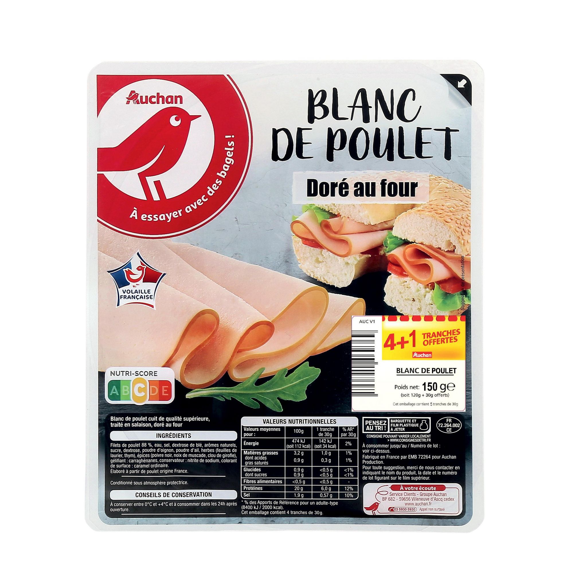 Voir la diapositive 2 : AUCHAN Blanc de poulet doré au four 4 tranches+ 1 offerte 150g