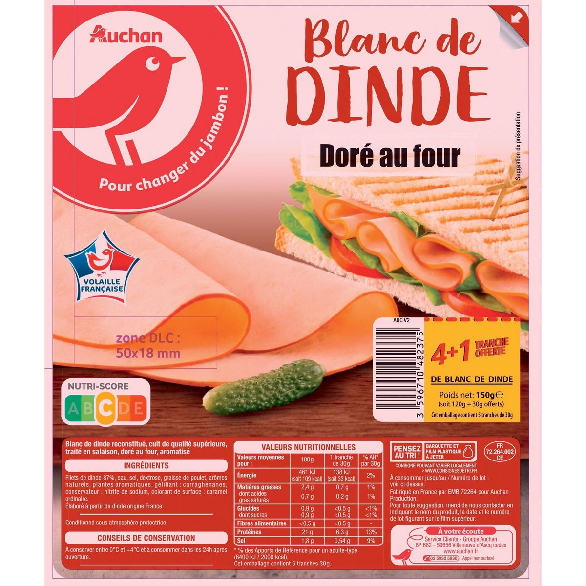 AUCHAN Blanc de dinde doré au four 4 tranches+ 1 offerte 150g