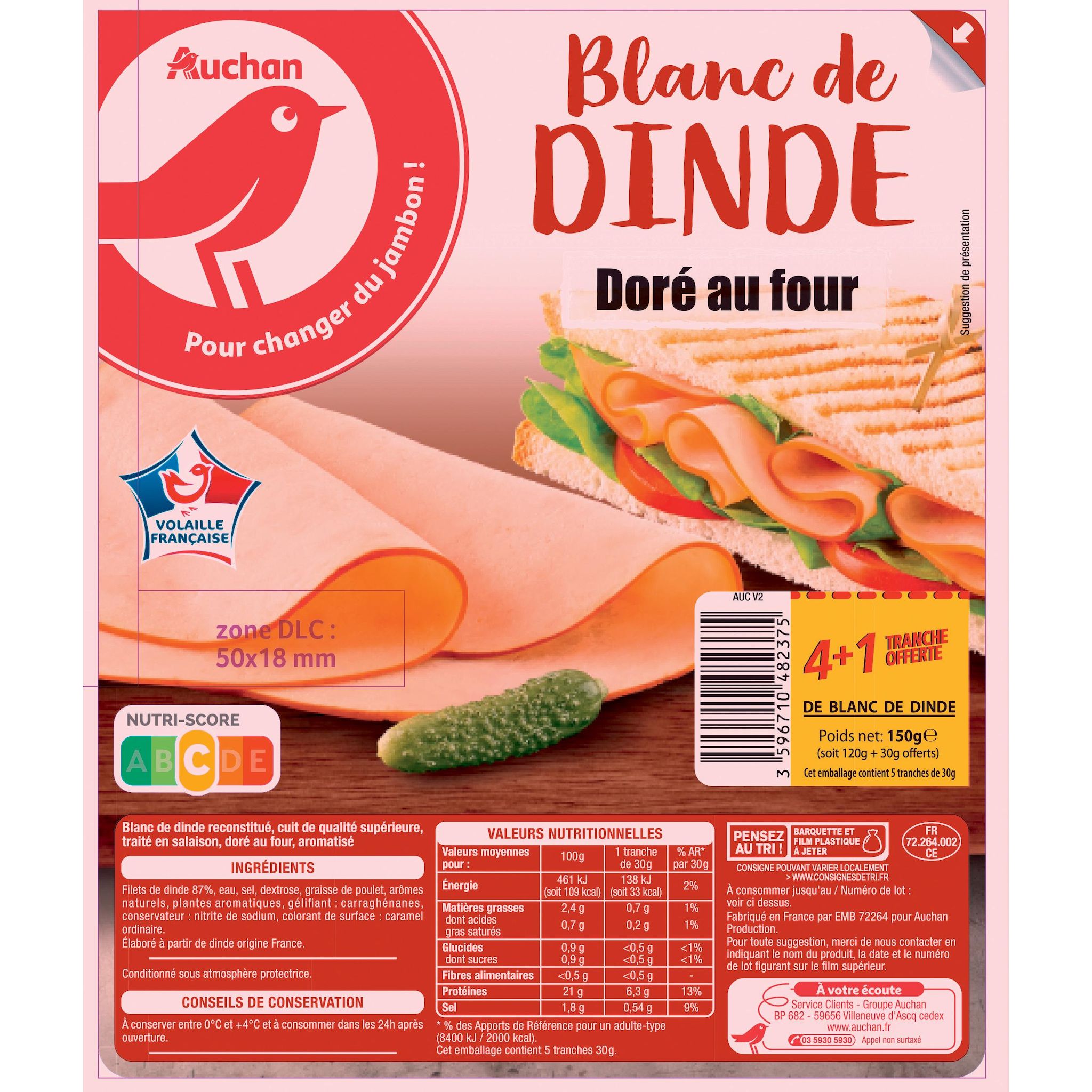 Voir la diapositive 2 : AUCHAN Blanc de dinde doré au four 4 tranches+ 1 offerte 150g