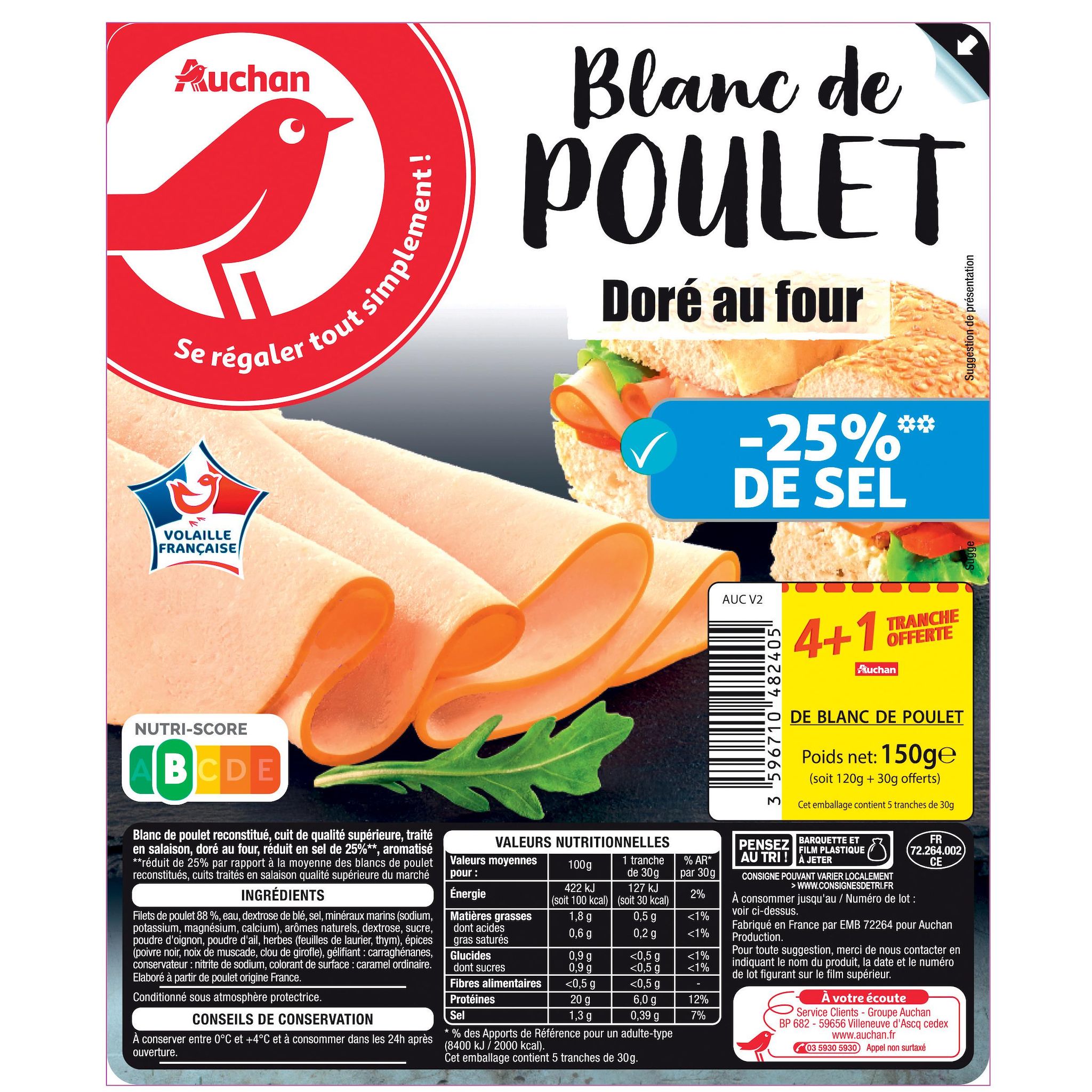 Voir la diapositive 2 : AUCHAN Blanc de poulet doré au four -25% de sel 4 tranches+1 offerte 150g
