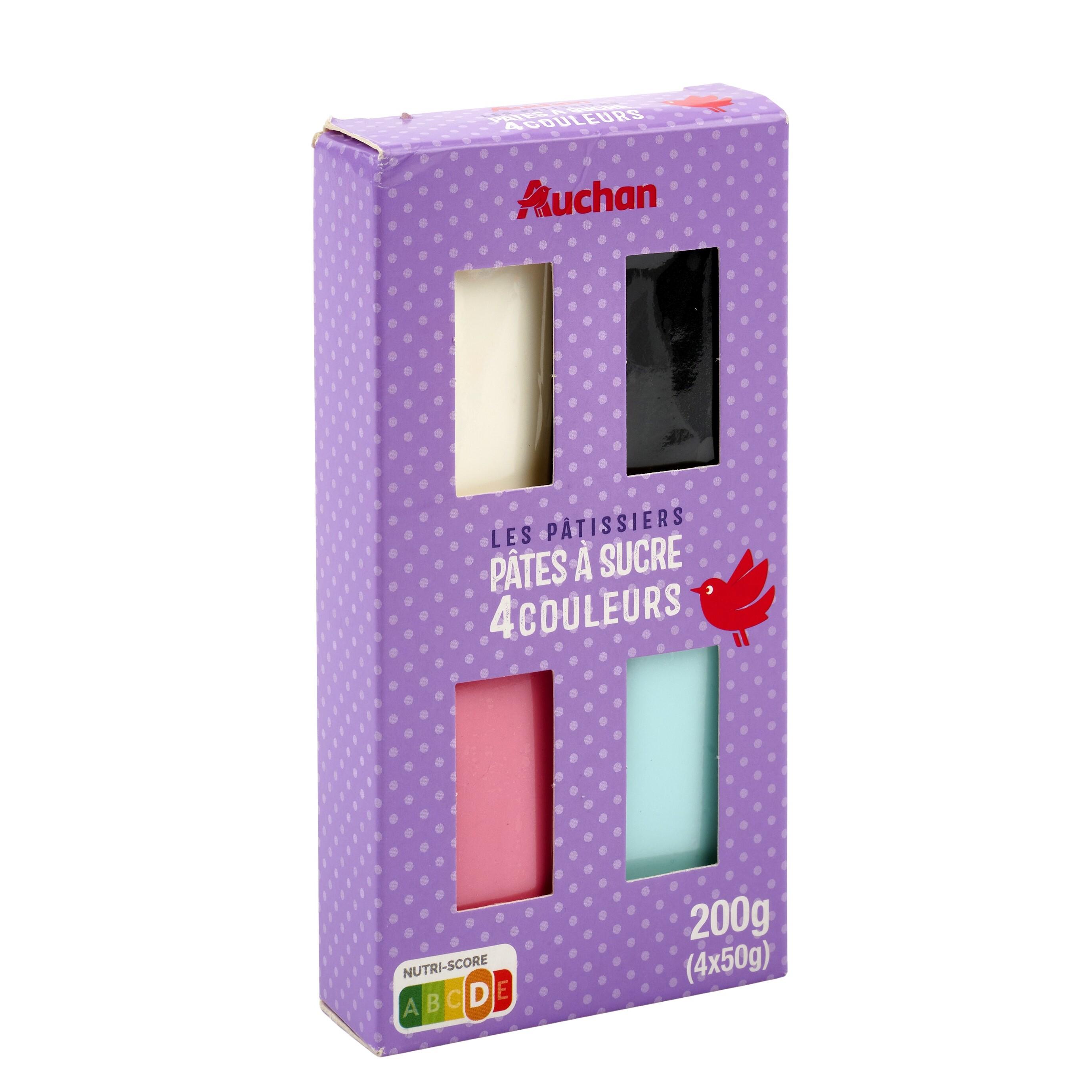 Voir la diapositive 2 : AUCHAN Pâtes à sucre blanche noire bleue et rose 4 pièces 200g