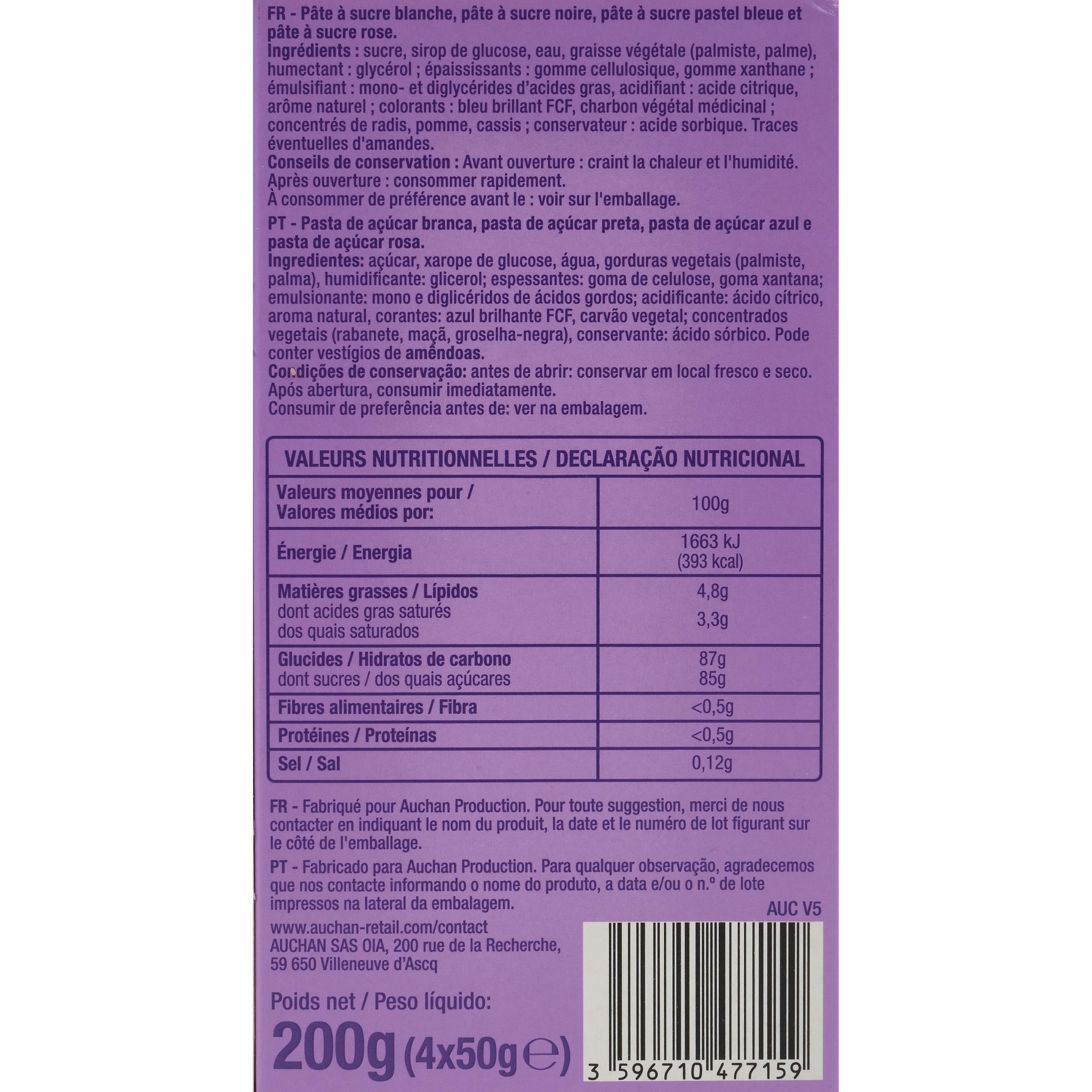 Voir la diapositive 3 : AUCHAN Pâtes à sucre blanche noire bleue et rose 4 pièces 200g