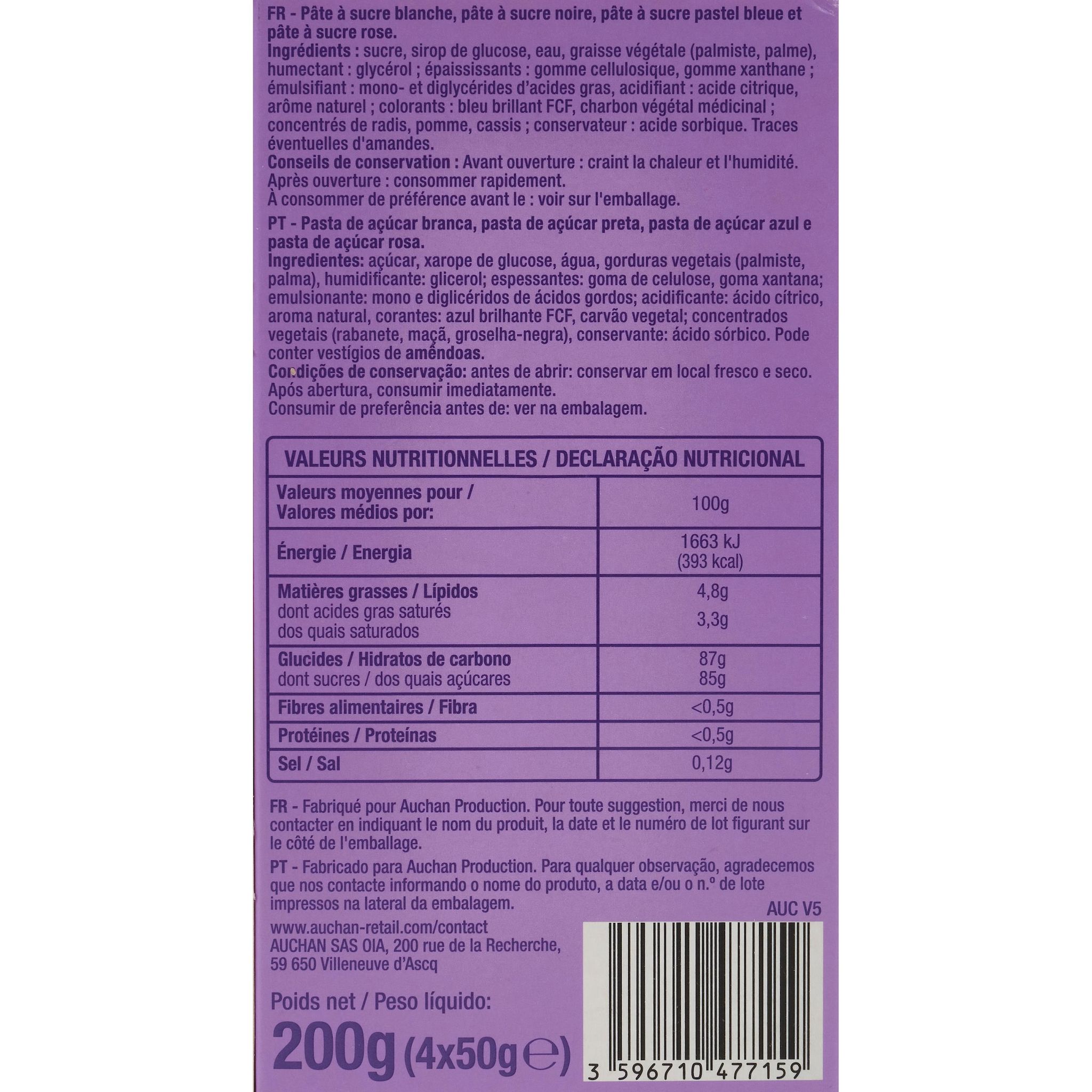 Voir la diapositive 3 : AUCHAN Pâtes à sucre blanche noire bleue et rose 4 pièces 200g
