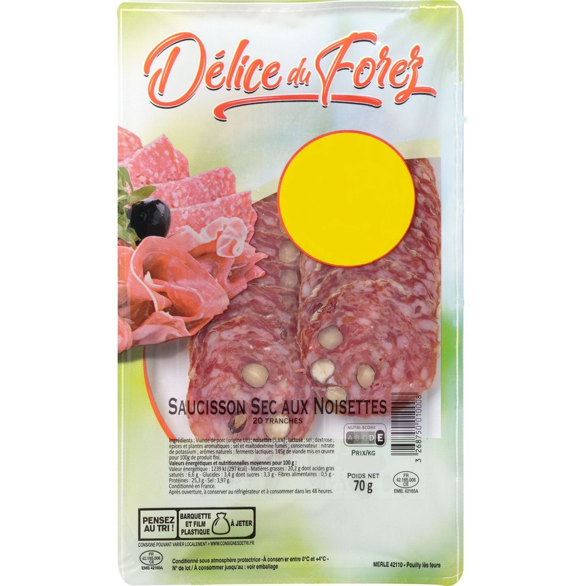 Saucisson sec aux noisettes 20 tranches 70g