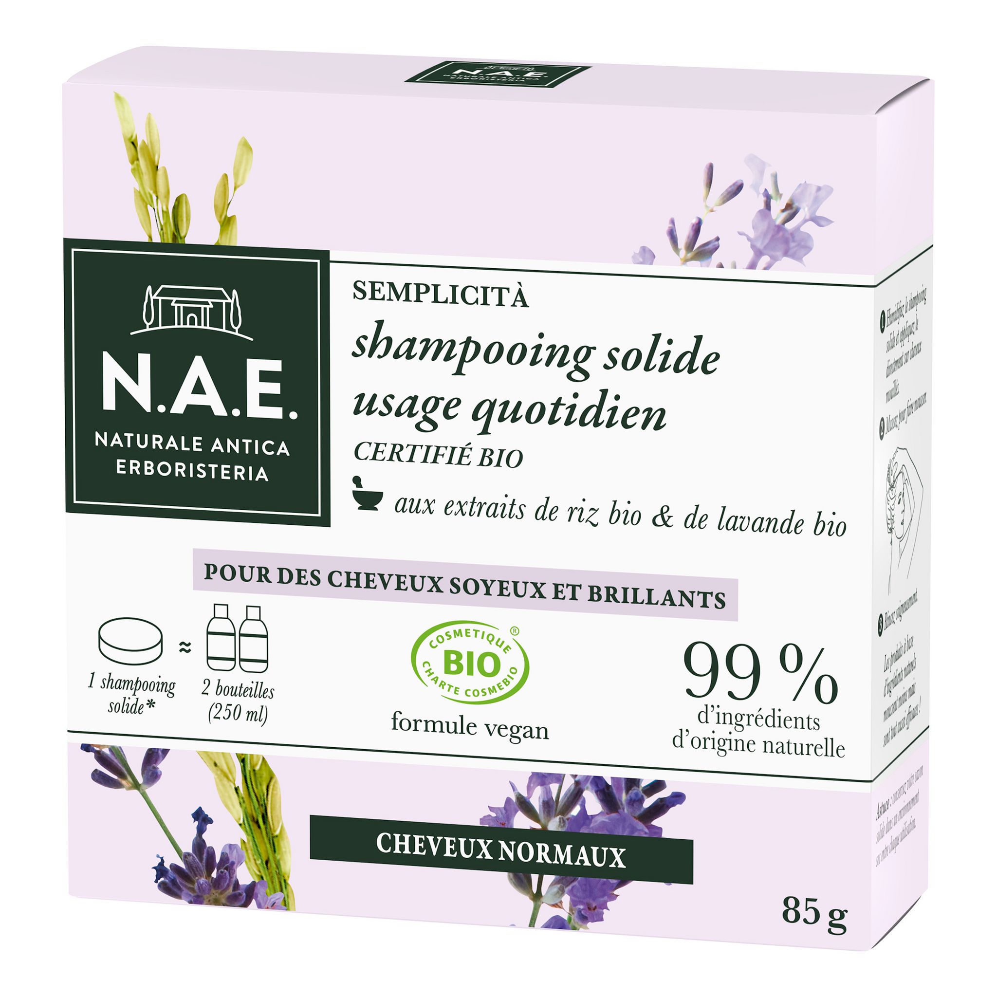 Voir la diapositive 2 : N.A.E Shampooing solide bio aux extraits de riz et de lavande cheveux normaux 85g