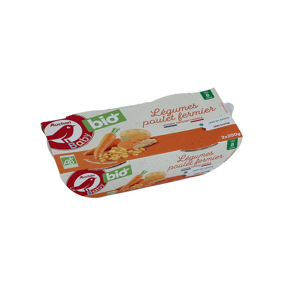 AUCHAN BABY BIO Bol de légumes avec poulet fermier dès 8 mois bio 2x200g