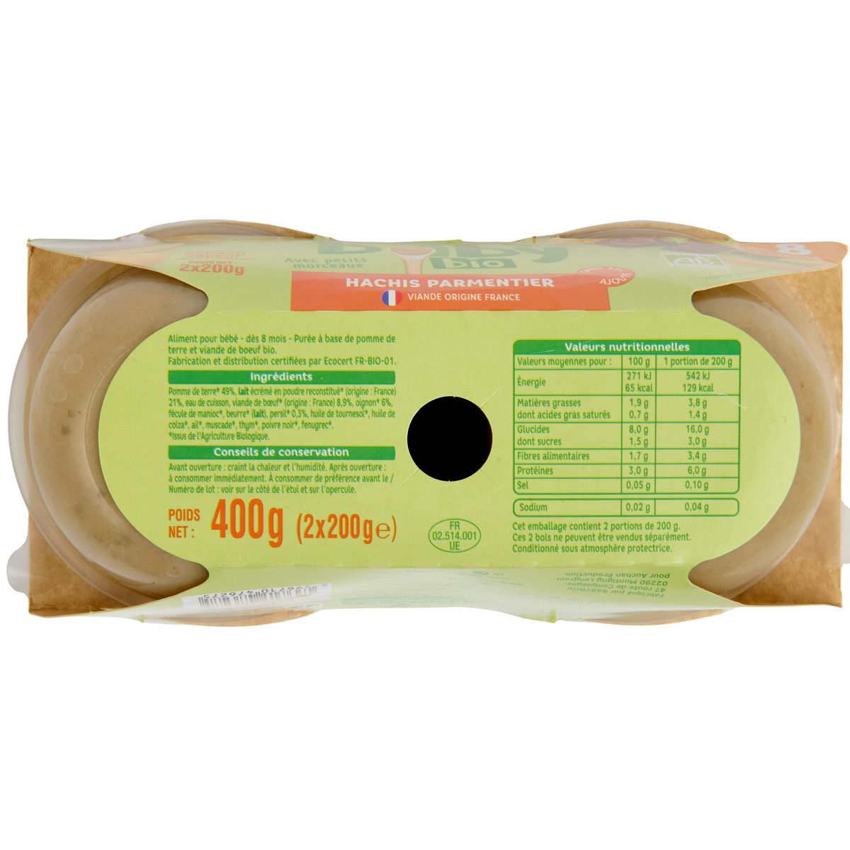 AUCHAN BABY BIO Bol hachis parmentier dès 8 mois 2x200g