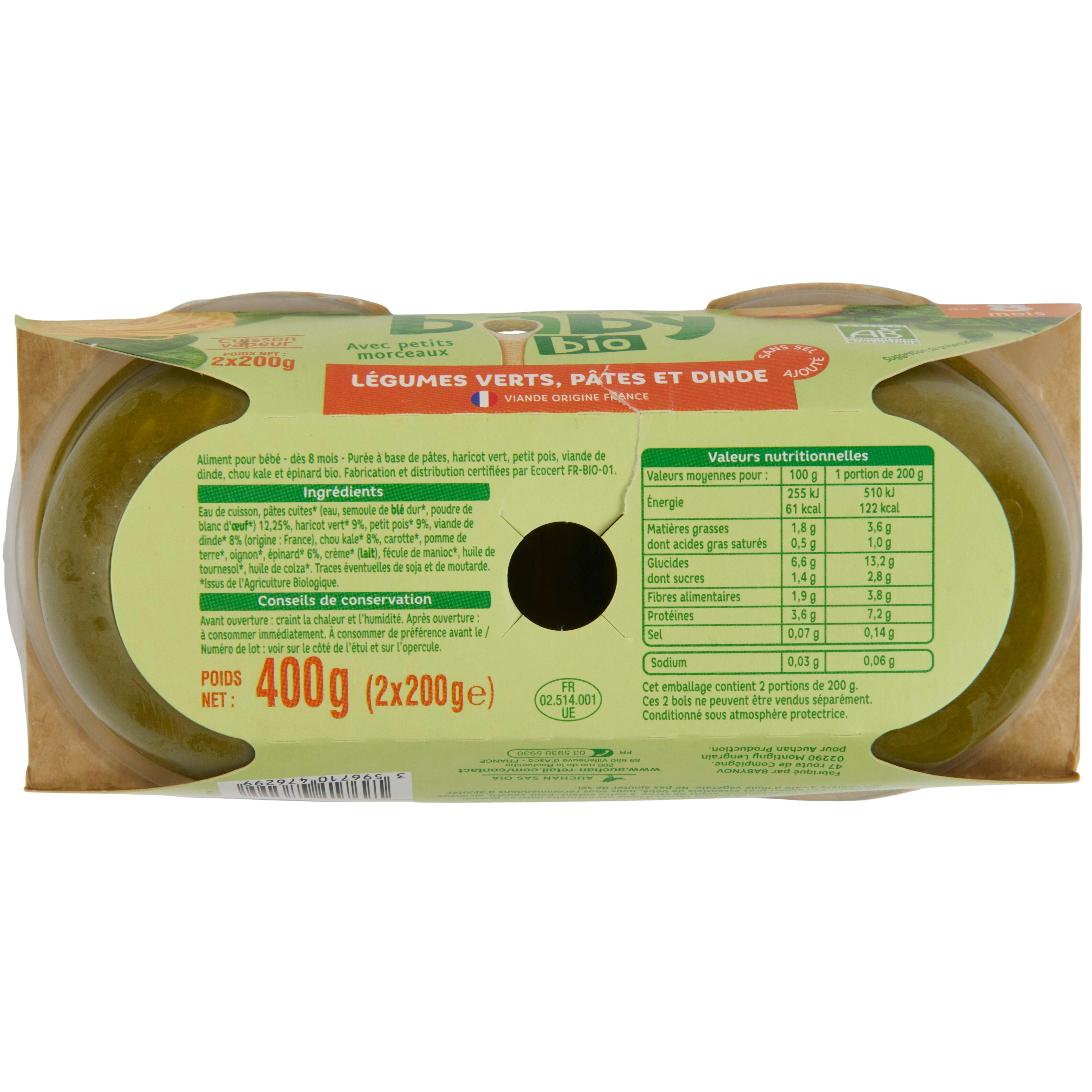 Voir la diapositive 3 : AUCHAN BABY BIO Bol légumes pâte dinde dès 8 mois 2x200g