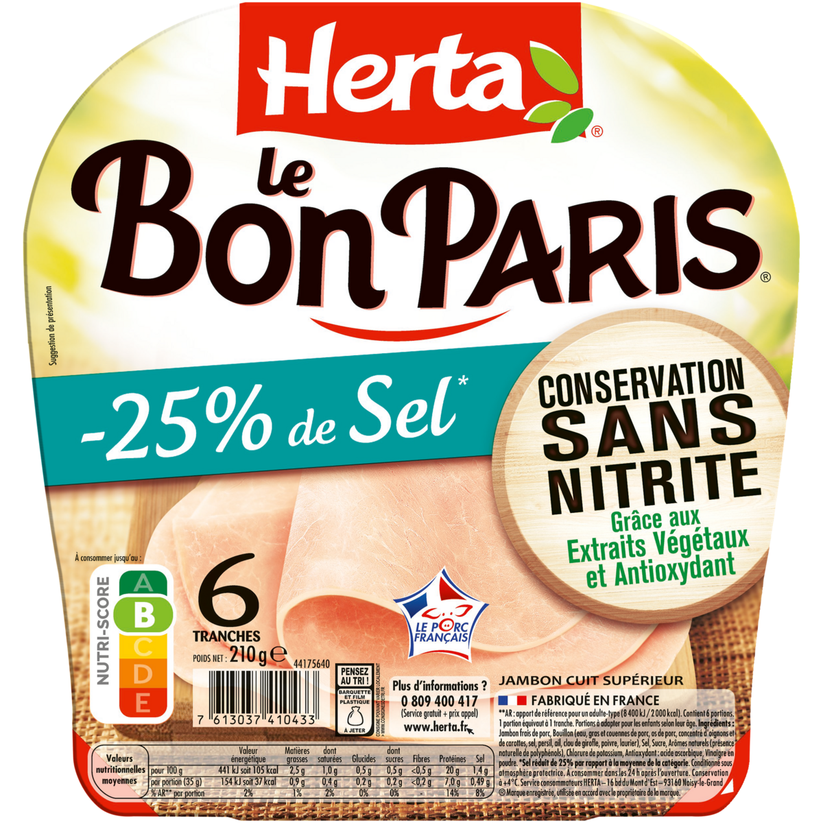 HERTA Le Bon Paris Jambon cuit supérieur tranche sel réduit sans nitrite 6 tranches 210g