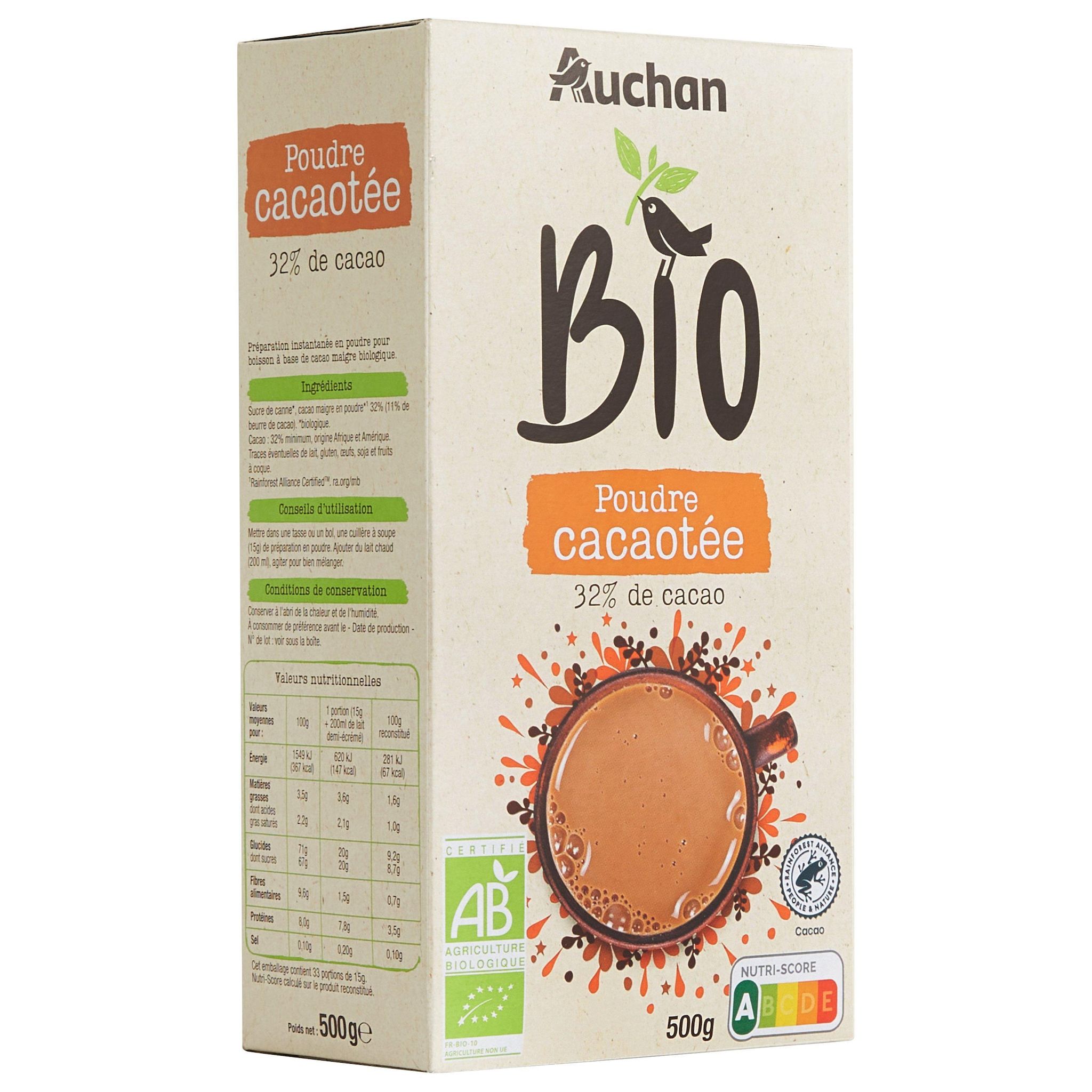 Voir la diapositive 2 : AUCHAN BIO Chocolat en poudre préparation pour boisson 500g
