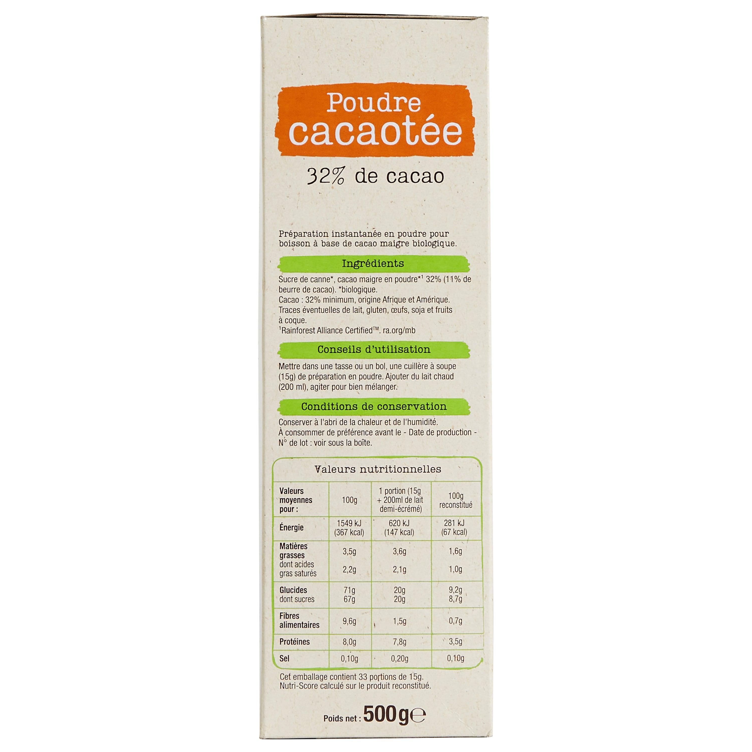 Voir la diapositive 3 : AUCHAN BIO Chocolat en poudre préparation pour boisson 500g