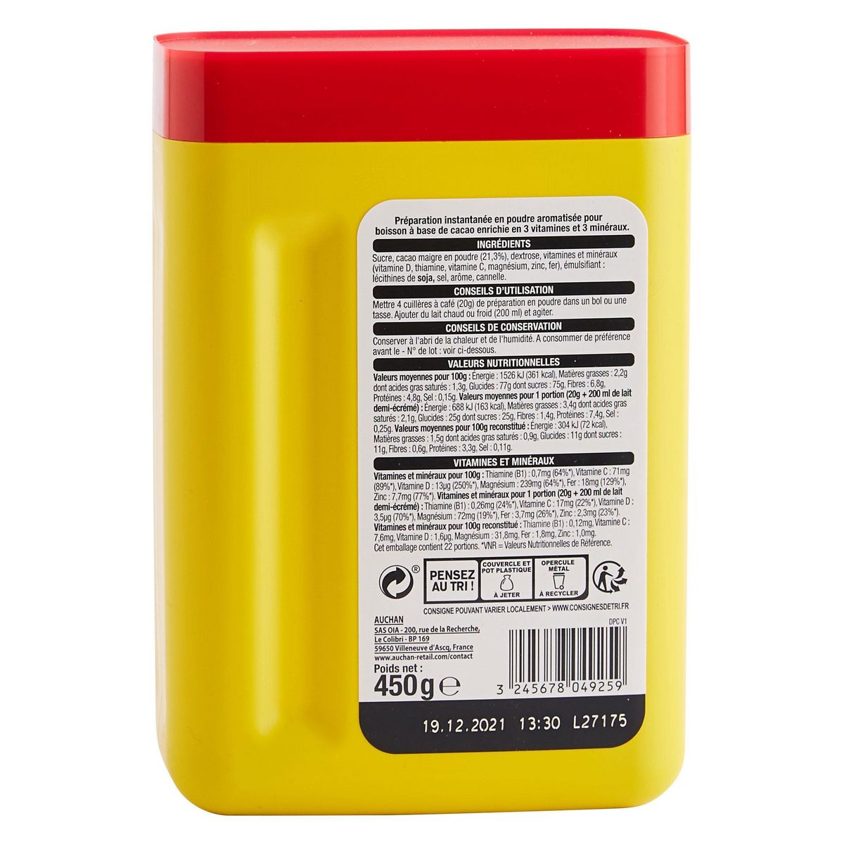 AUCHAN Cao kido poudre cacaotée 450g