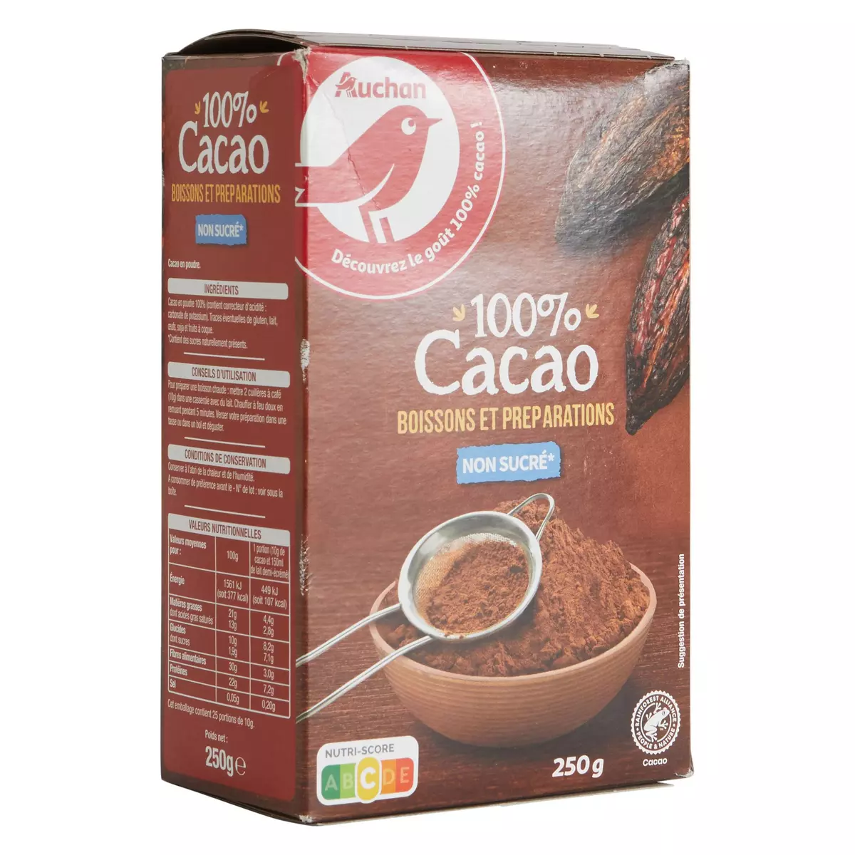 AUCHAN Chocolat en poudre 100% pur cacao non sucré 250g pas cher 