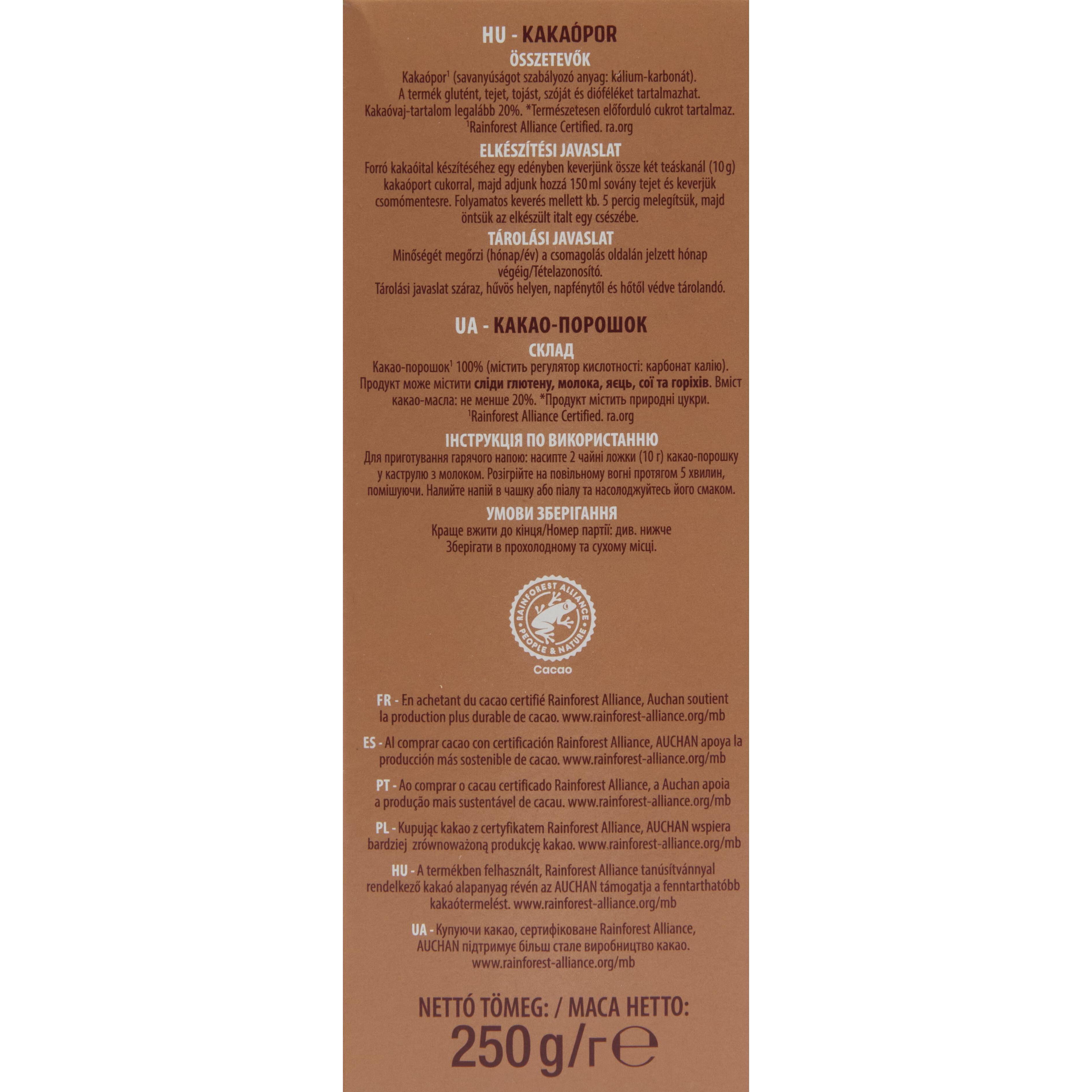 Voir la diapositive 2 : AUCHAN Chocolat en poudre 100% pur cacao non sucré 250g
