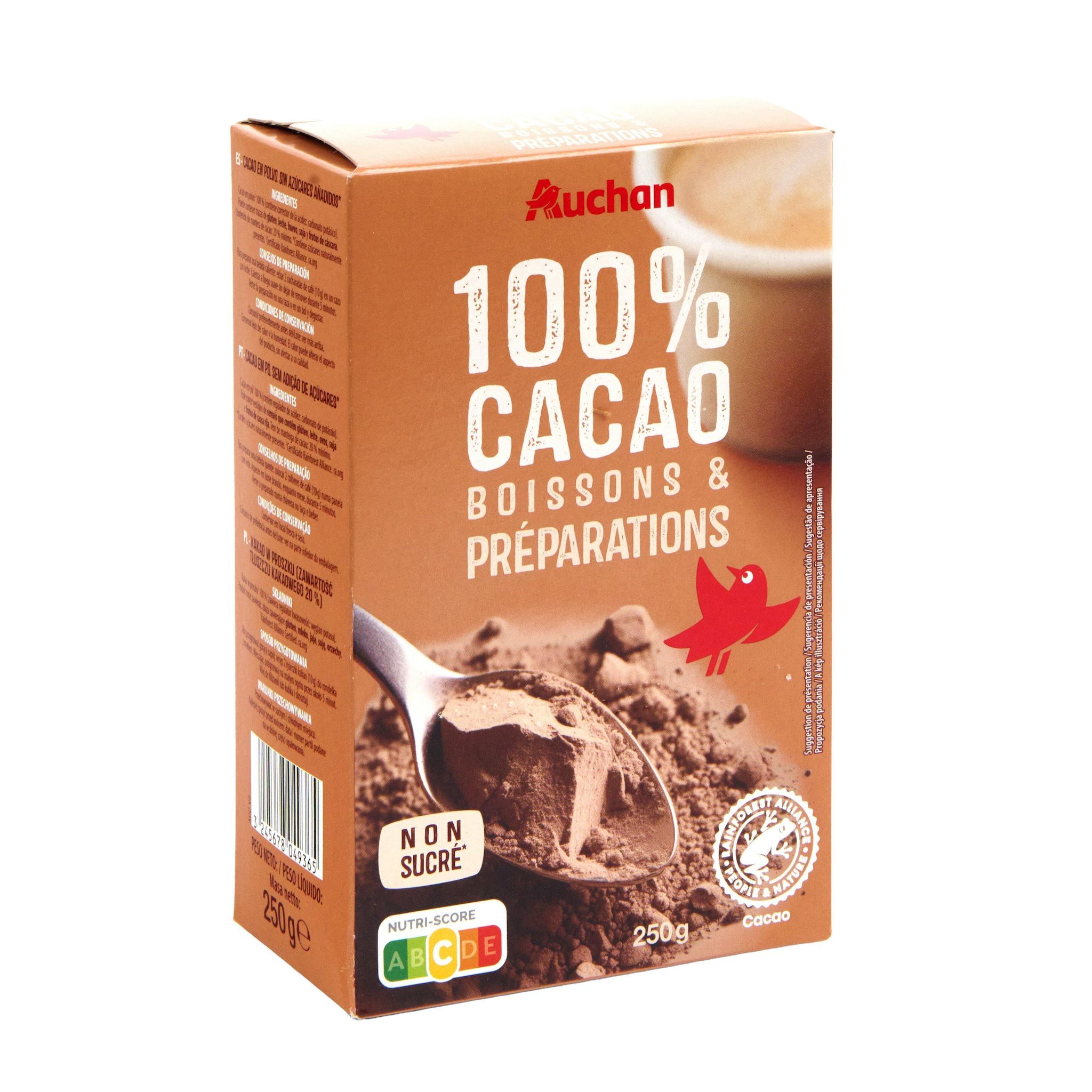 Voir la diapositive 3 : AUCHAN Chocolat en poudre 100% pur cacao non sucré 250g