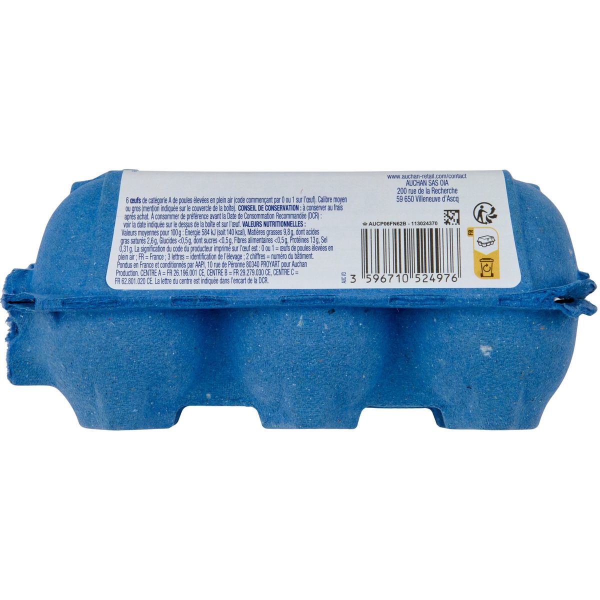 AUCHAN Oeufs de poules élevées en plein air 6 pièces