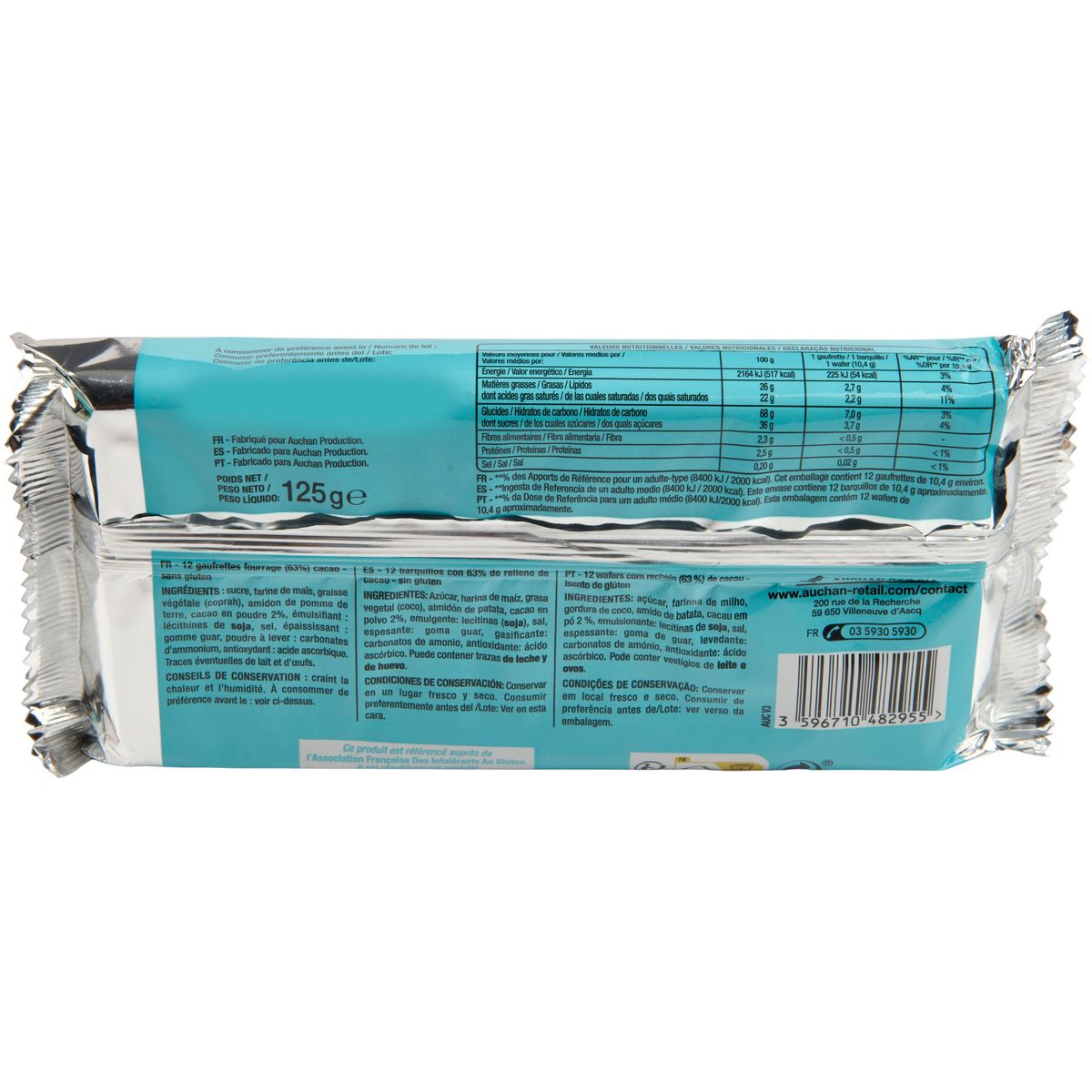 AUCHAN Biscuits gaufrettes au cacao sans gluten 12 gaufrettes 125g