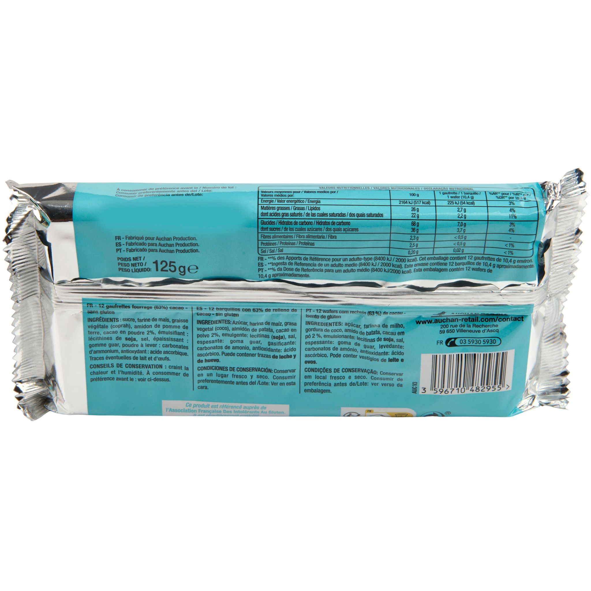 Voir la diapositive 3 : AUCHAN Biscuits gaufrettes au cacao sans gluten 12 gaufrettes 125g