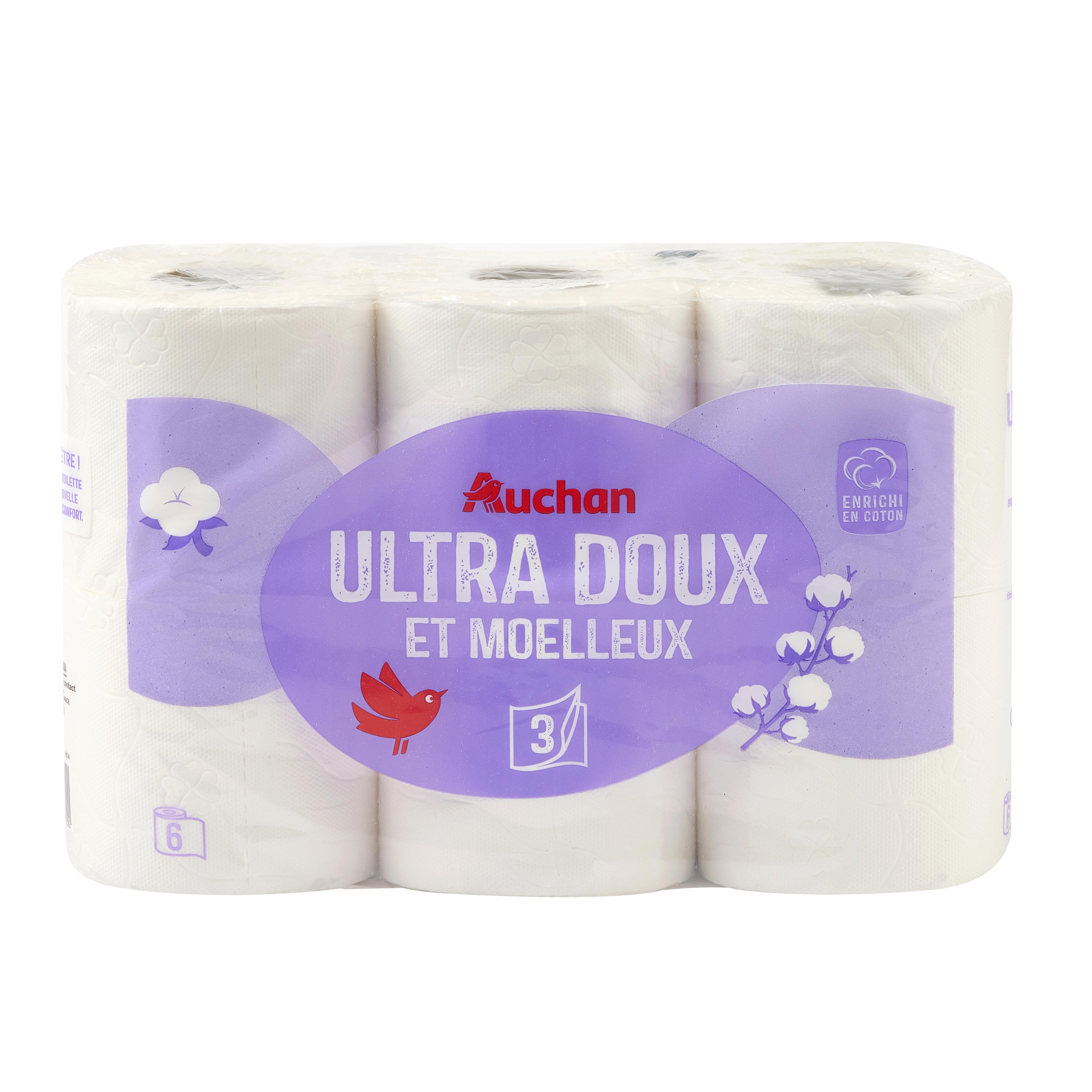 Voir la diapositive 2 : AUCHAN Papier toilette blanc ultra doux et moelleux 3 épaisseurs 6 rouleaux