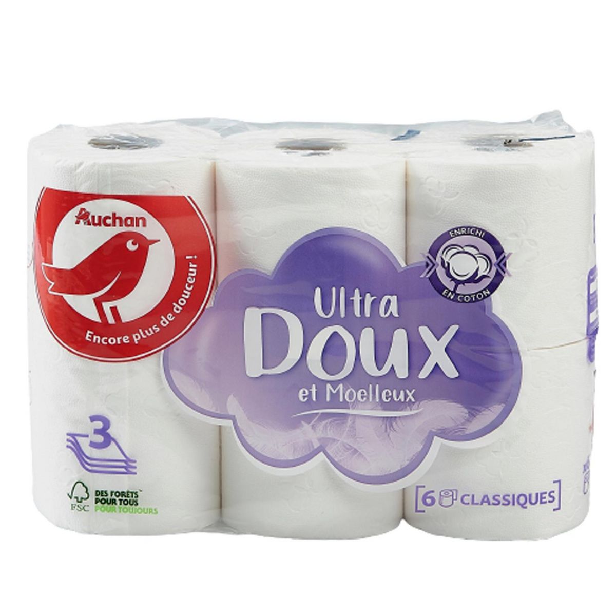 AUCHAN Papier toilette blanc ultra doux et moelleux 3 épaisseurs 6 rouleaux