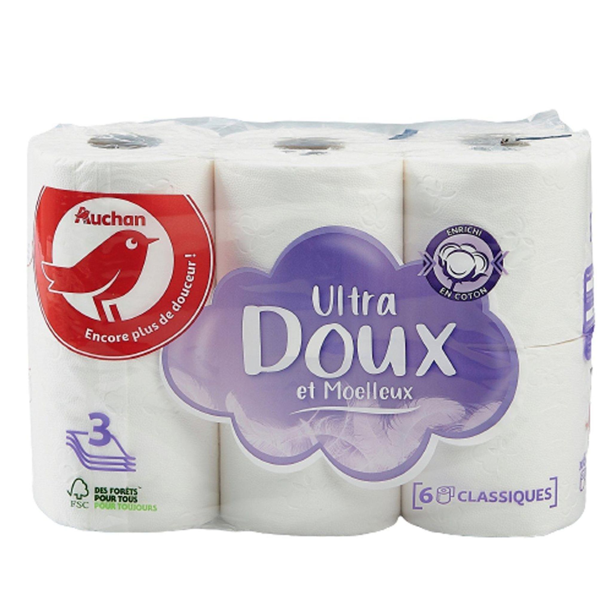 Voir la diapositive 2 : AUCHAN Papier toilette blanc ultra doux et moelleux 3 épaisseurs 6 rouleaux