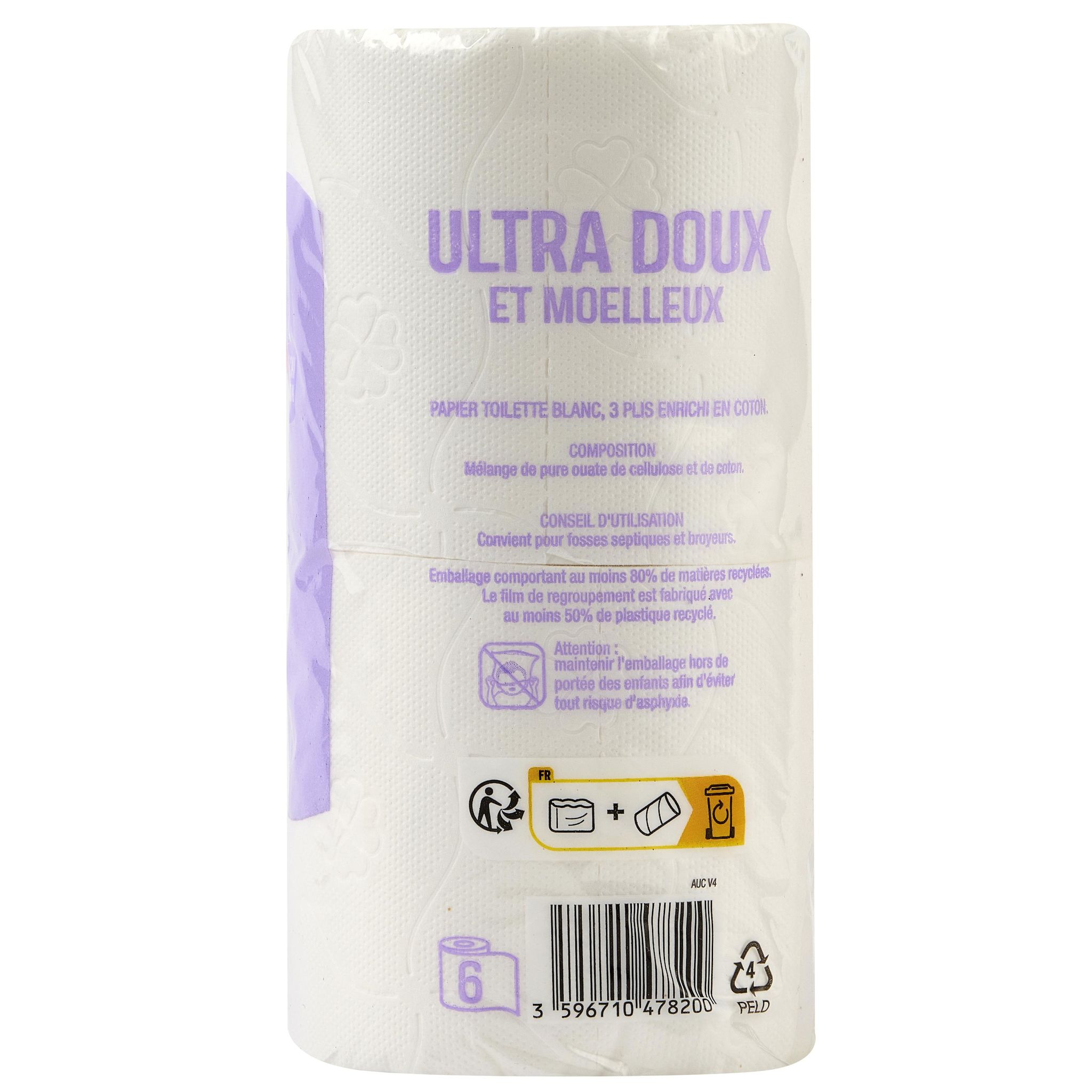 Voir la diapositive 3 : AUCHAN Papier toilette blanc ultra doux et moelleux 3 épaisseurs 6 rouleaux