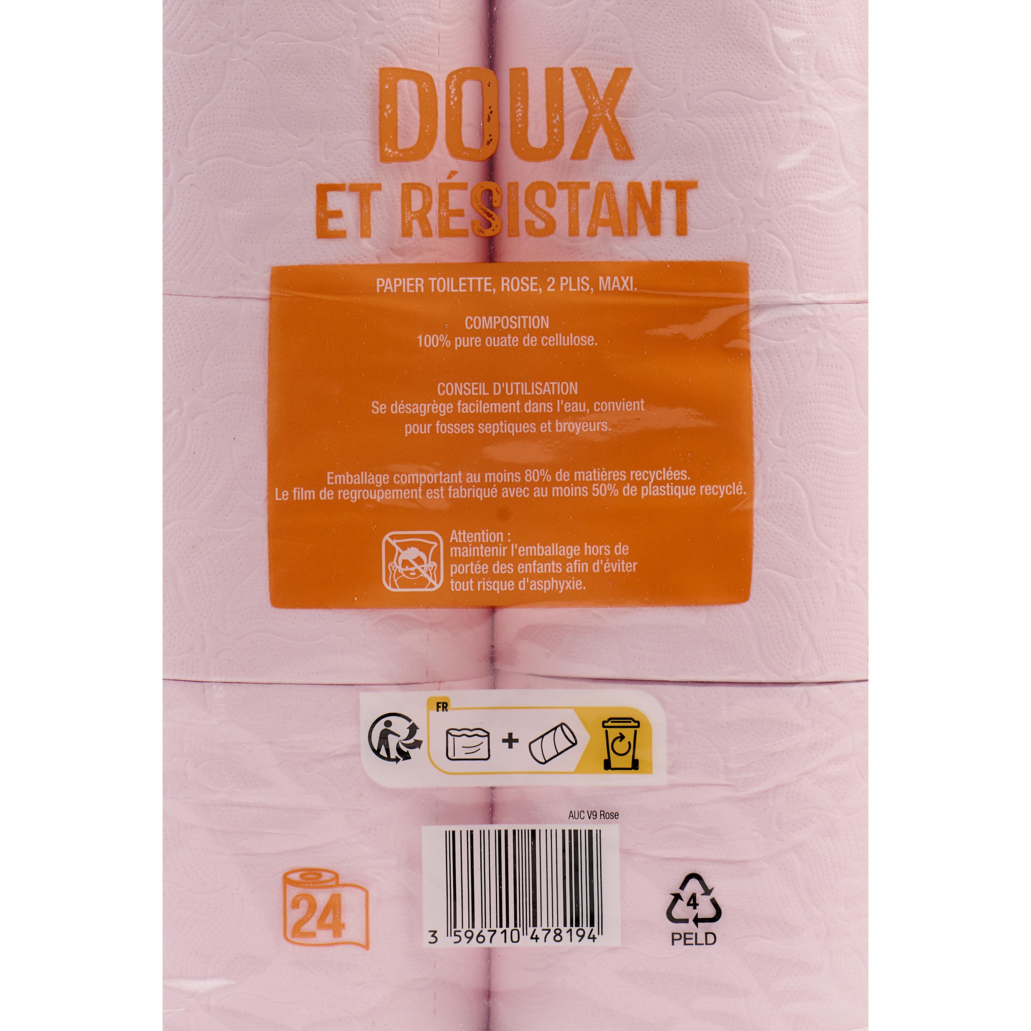 Voir la diapositive 2 : AUCHAN Papier toilette rose maxi doux et résistant 2 épaisseurs = 36 standards 24 rouleaux