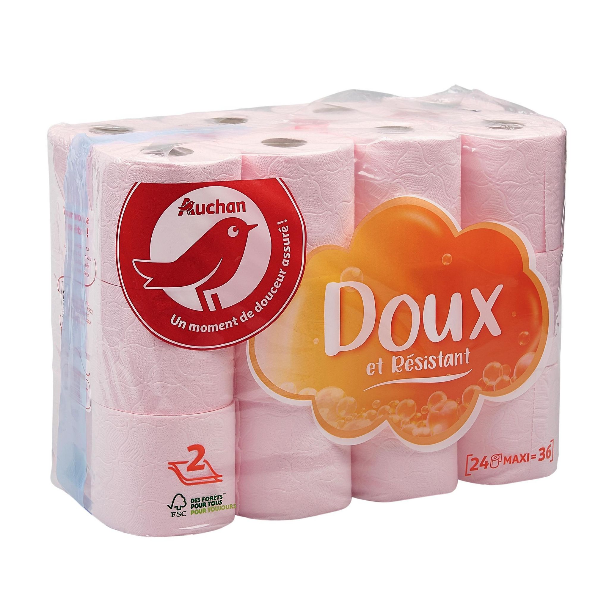 Voir la diapositive 2 : AUCHAN Papier toilette rose maxi doux et résistant 2 épaisseurs = 36 standards 24 rouleaux