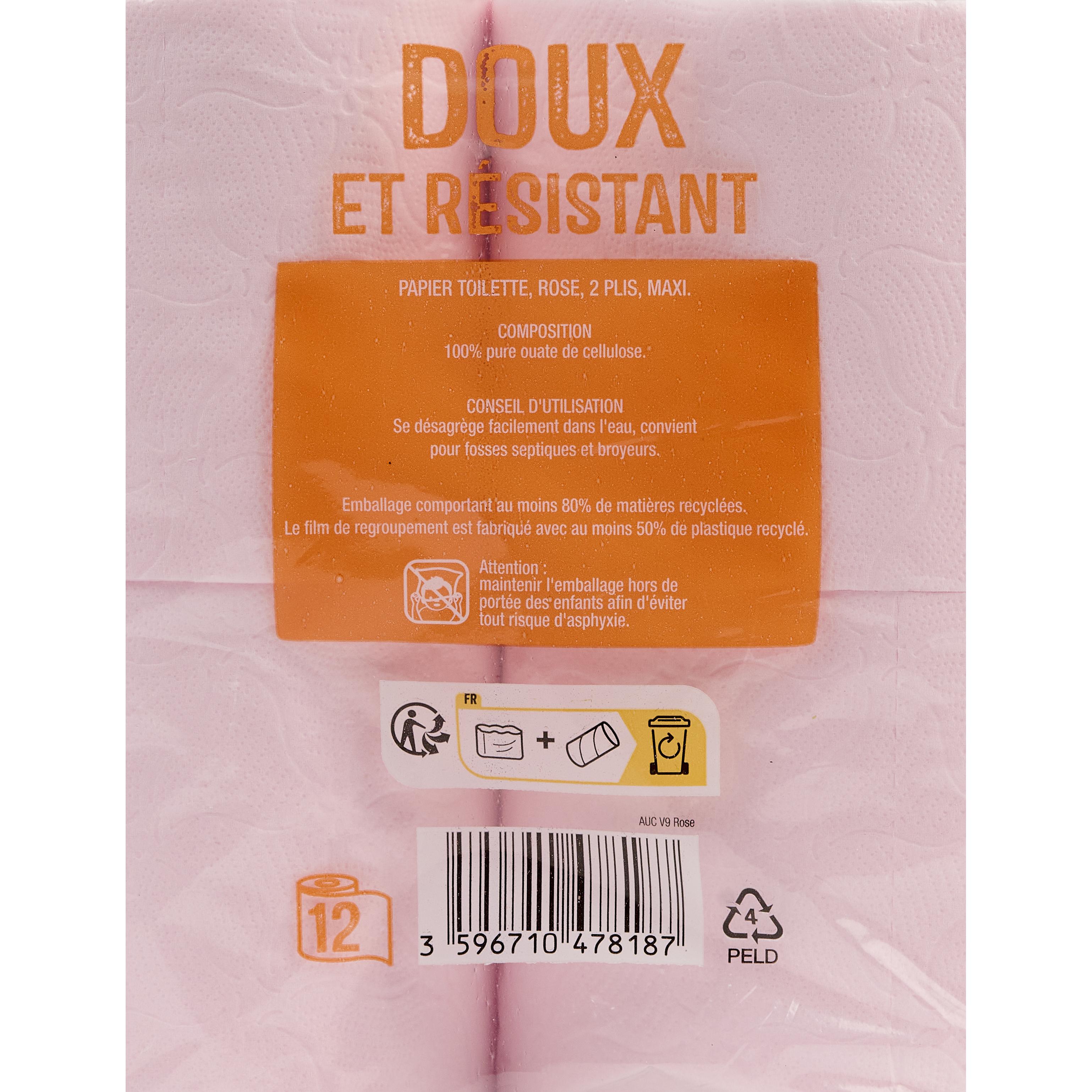 Voir la diapositive 2 : AUCHAN Papier toilette rose maxi doux et résistant 2 épaisseurs = 18 standards 12 rouleaux