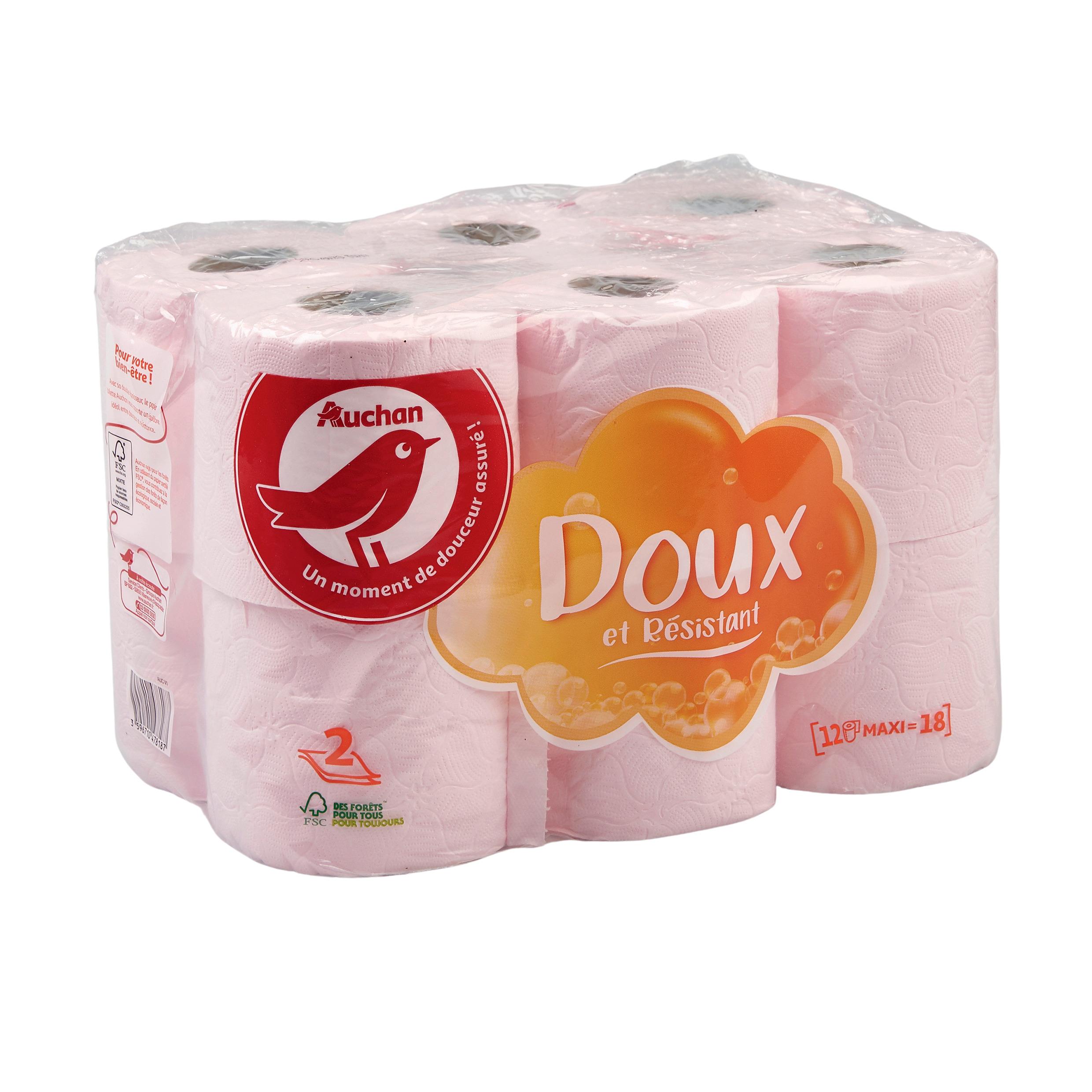Voir la diapositive 3 : AUCHAN Papier toilette rose maxi doux et résistant 2 épaisseurs = 18 standards 12 rouleaux