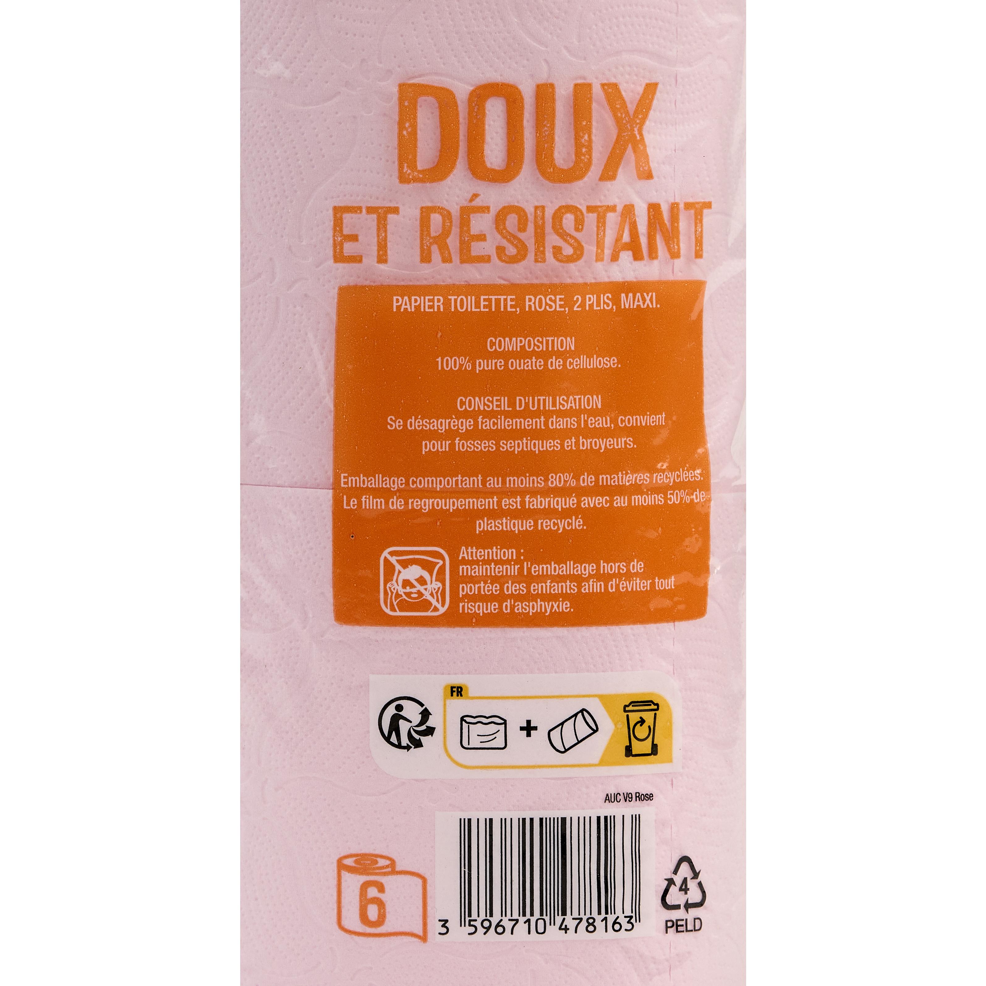 Voir la diapositive 2 : AUCHAN Papier toilette rose maxi doux et résistant 2 épaisseurs = 9 standards 6 rouleaux