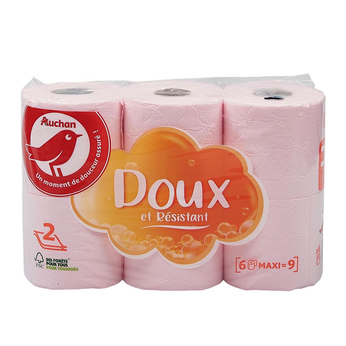 AUCHAN Papier toilette rose maxi doux et résistant 2 épaisseurs = 9 standards 6 rouleaux