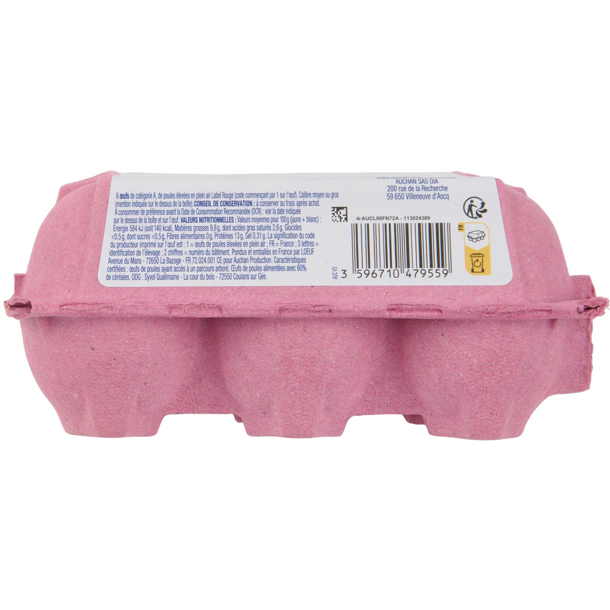 Voir la diapositive 2 : AUCHAN Oeufs de poules élevées en plein air Label Rouge 6 pièces