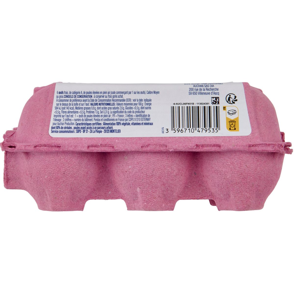 AUCHAN Oeufs de poules élevées en plein air Label Rouge 6 pièces