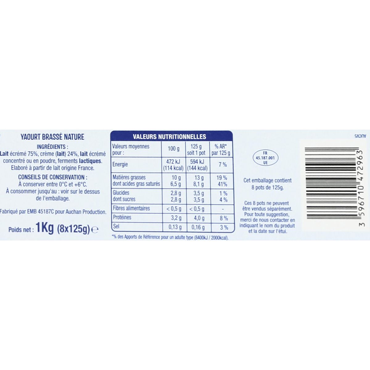 AUCHAN Yaourt à la grecque nature 8x125g