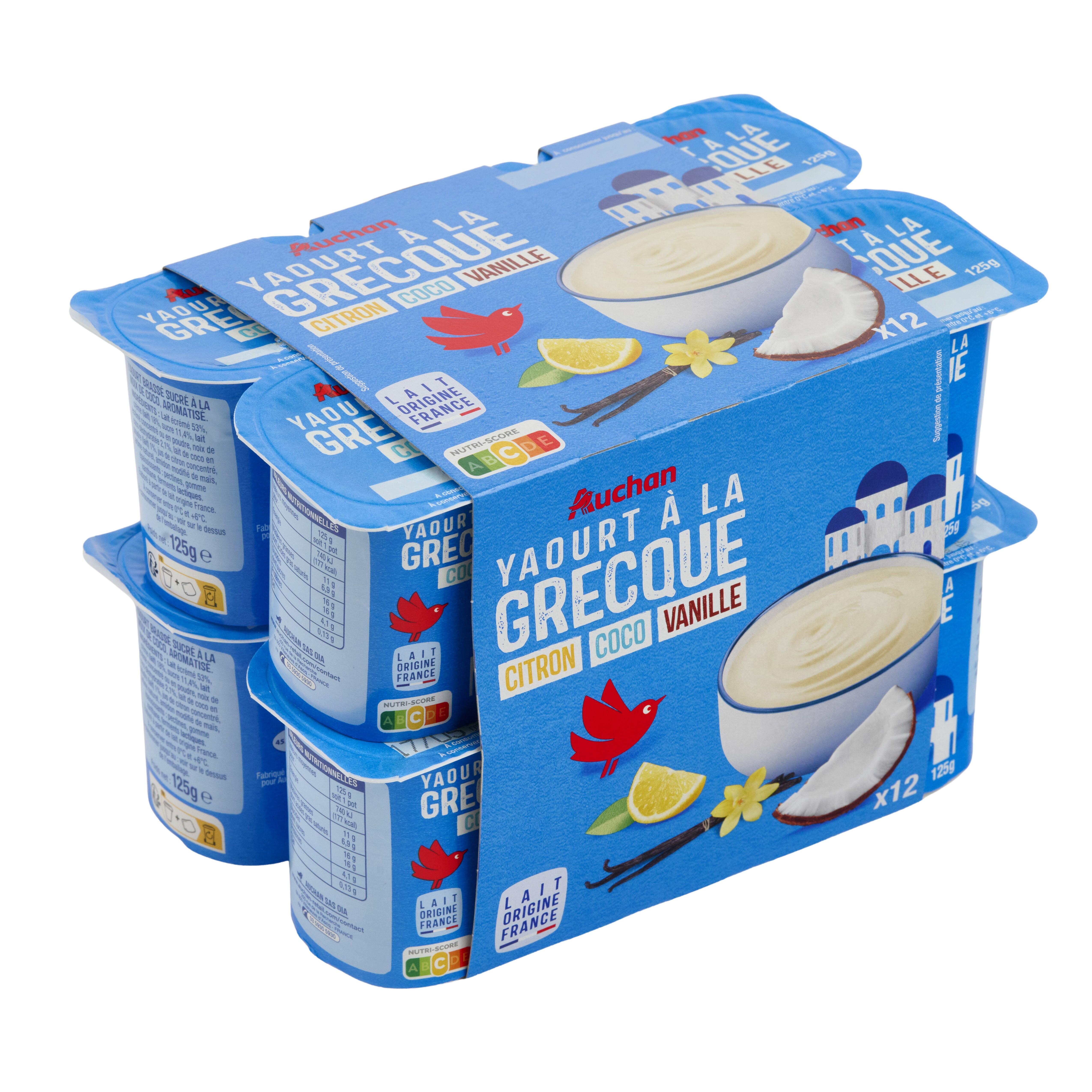 Voir la diapositive 2 : AUCHAN Yaourt à la grecque saveur citron coco vanille 12x125g