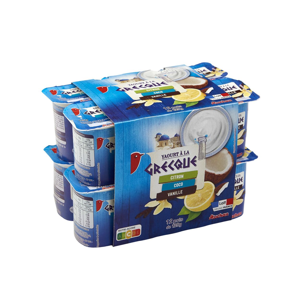 AUCHAN Yaourt à la grecque saveur citron coco vanille 12x125g