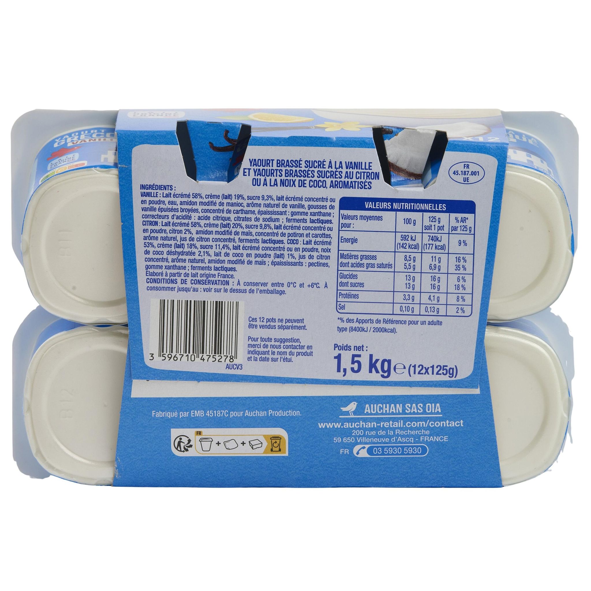 Voir la diapositive 3 : AUCHAN Yaourt à la grecque saveur citron coco vanille 12x125g