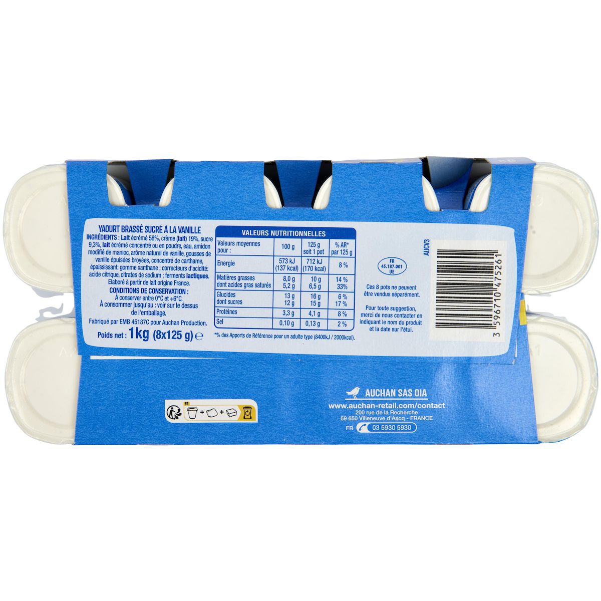 AUCHAN Yaourt à la grecque aromatisé vanille 8x125g