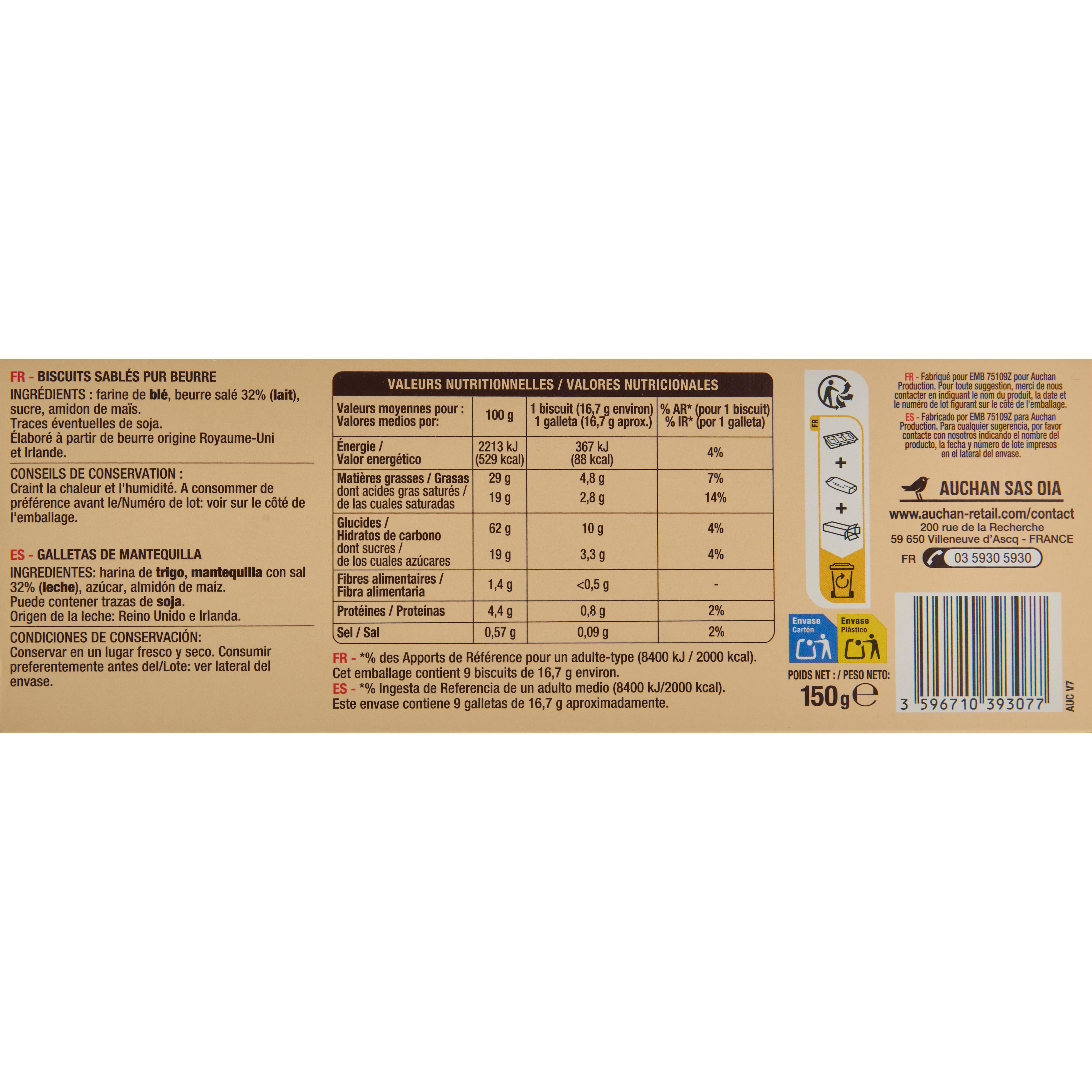 Voir la diapositive 2 : AUCHAN BIO Palets bretons pur beurre 4 x 2 biscuits 125g