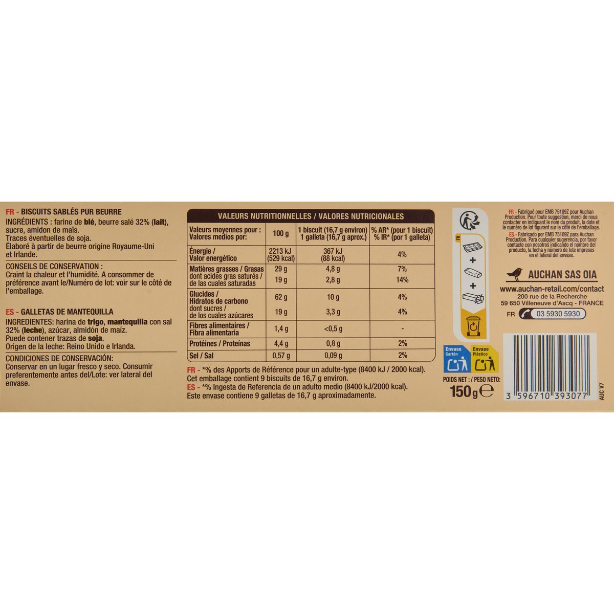 AUCHAN BIO Palets bretons pur beurre 4 x 2 biscuits 125g