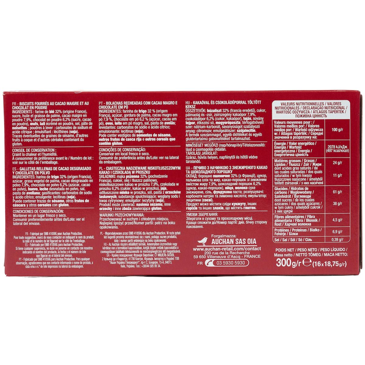 AUCHAN Biscuit fourré au chocolat sachets individuels 16 biscuits 300g