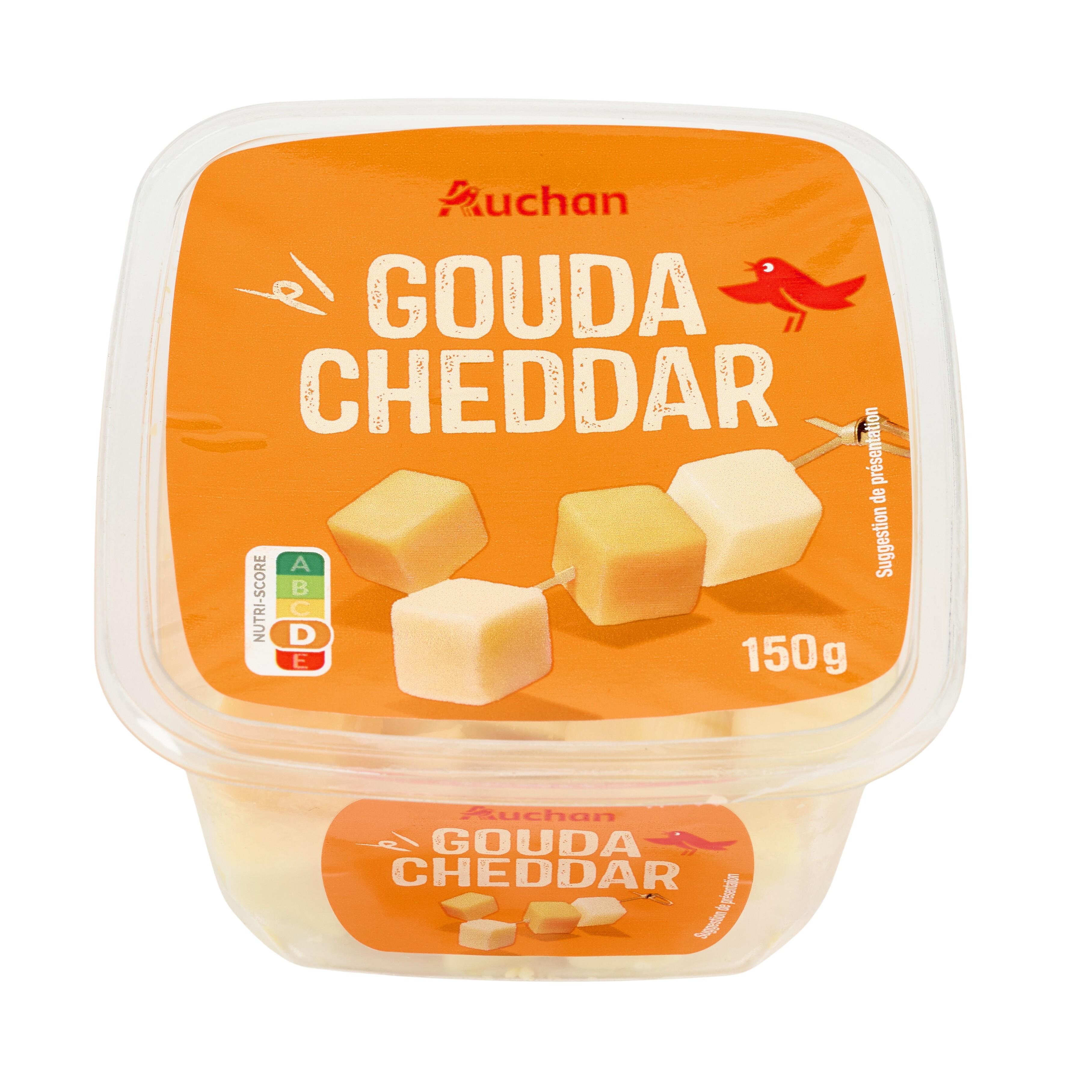 Voir la diapositive 2 : AUCHAN Les duos gouda et cheddar déjà coupé 150g