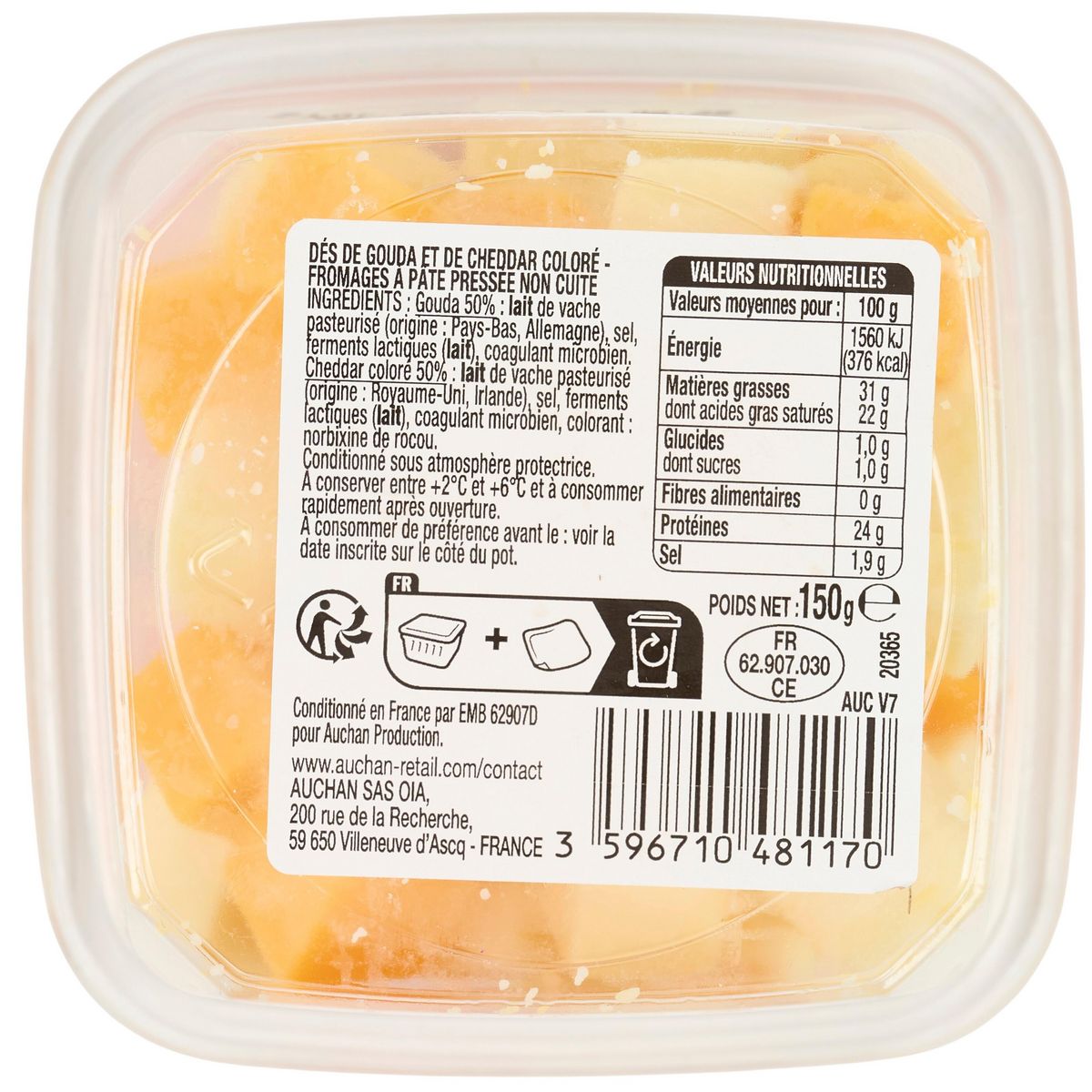 AUCHAN Les duos gouda et cheddar déjà coupé 150g