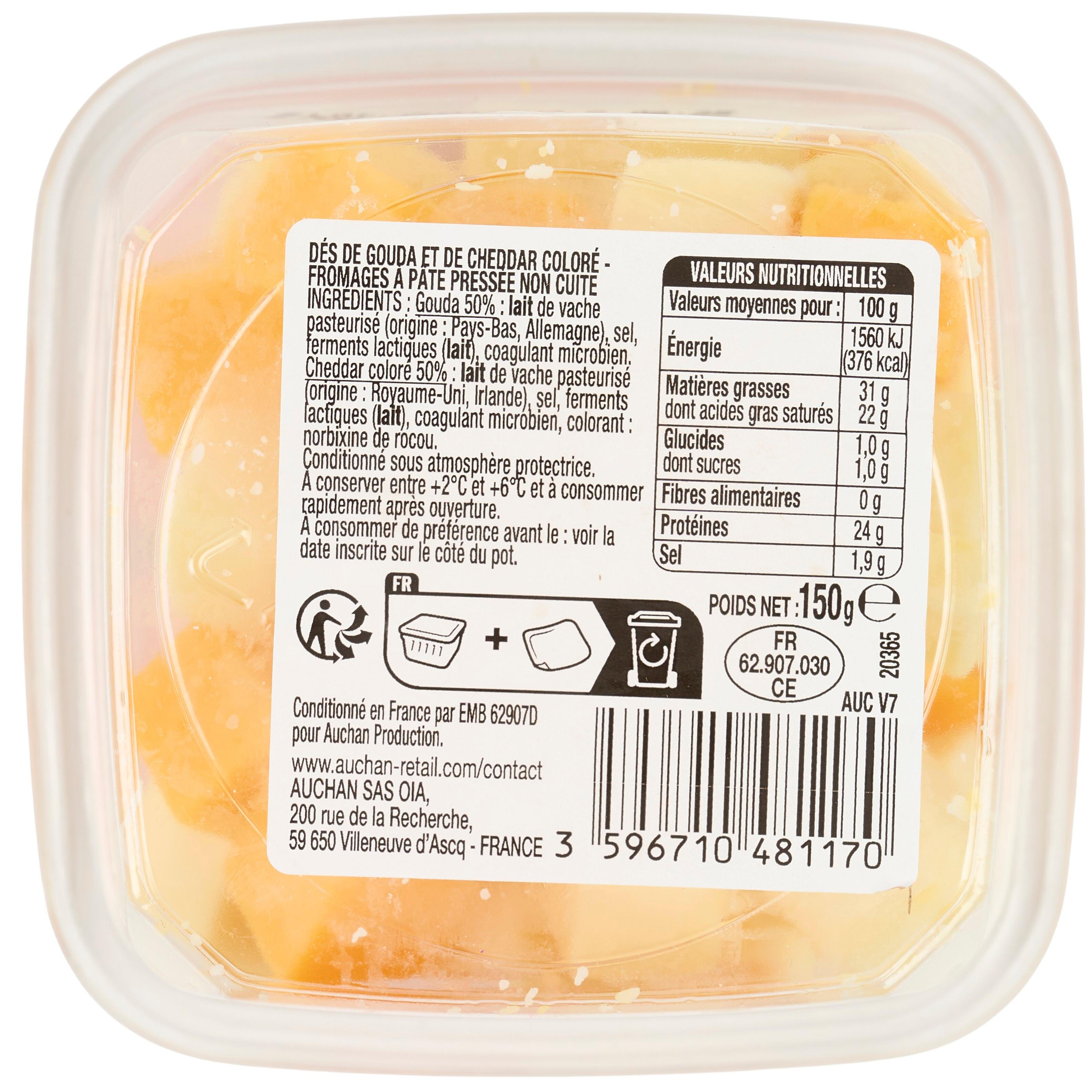 Voir la diapositive 3 : AUCHAN Les duos gouda et cheddar déjà coupé 150g
