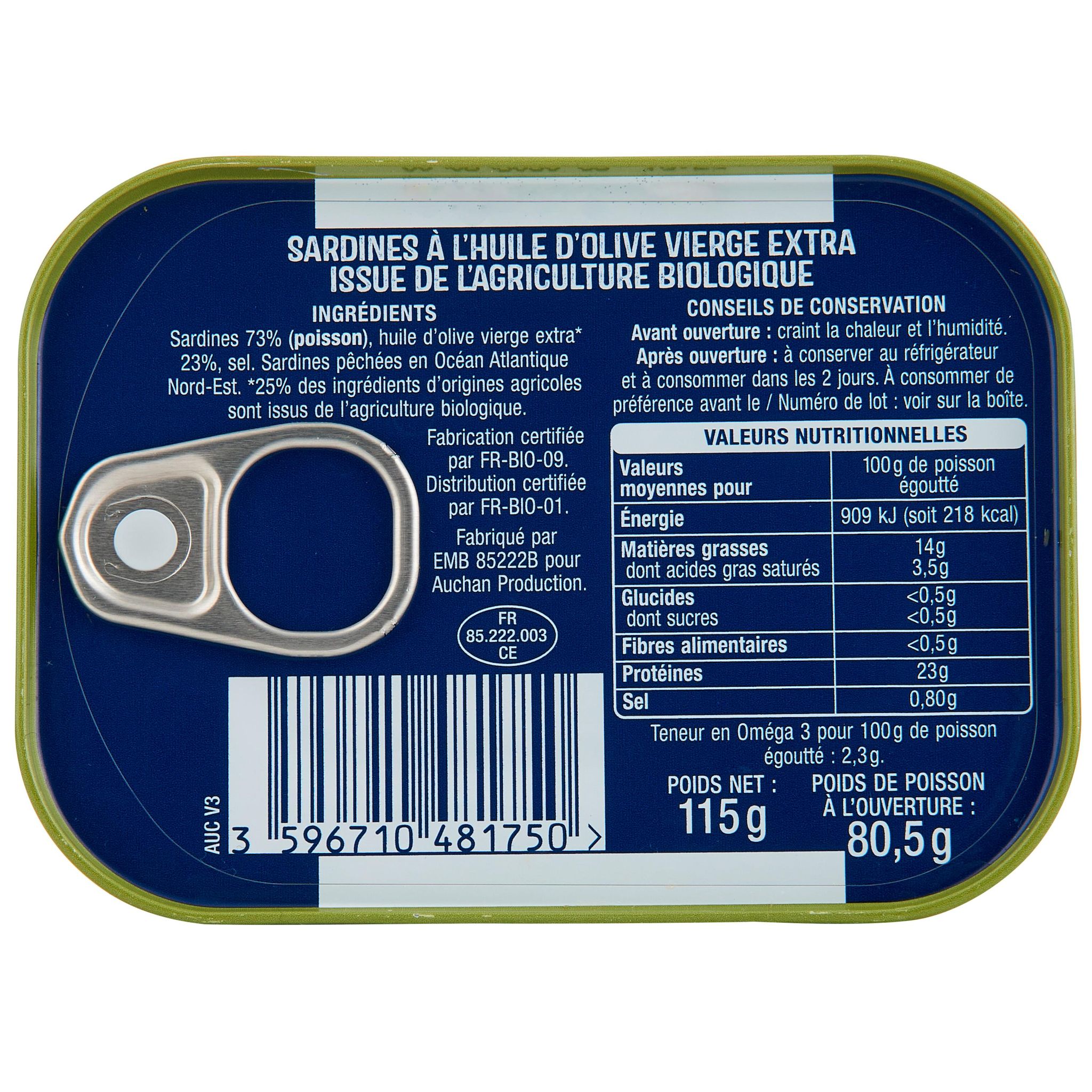 Voir la diapositive 2 : AUCHAN Sardines à l'huile d'olive extra bio 115g