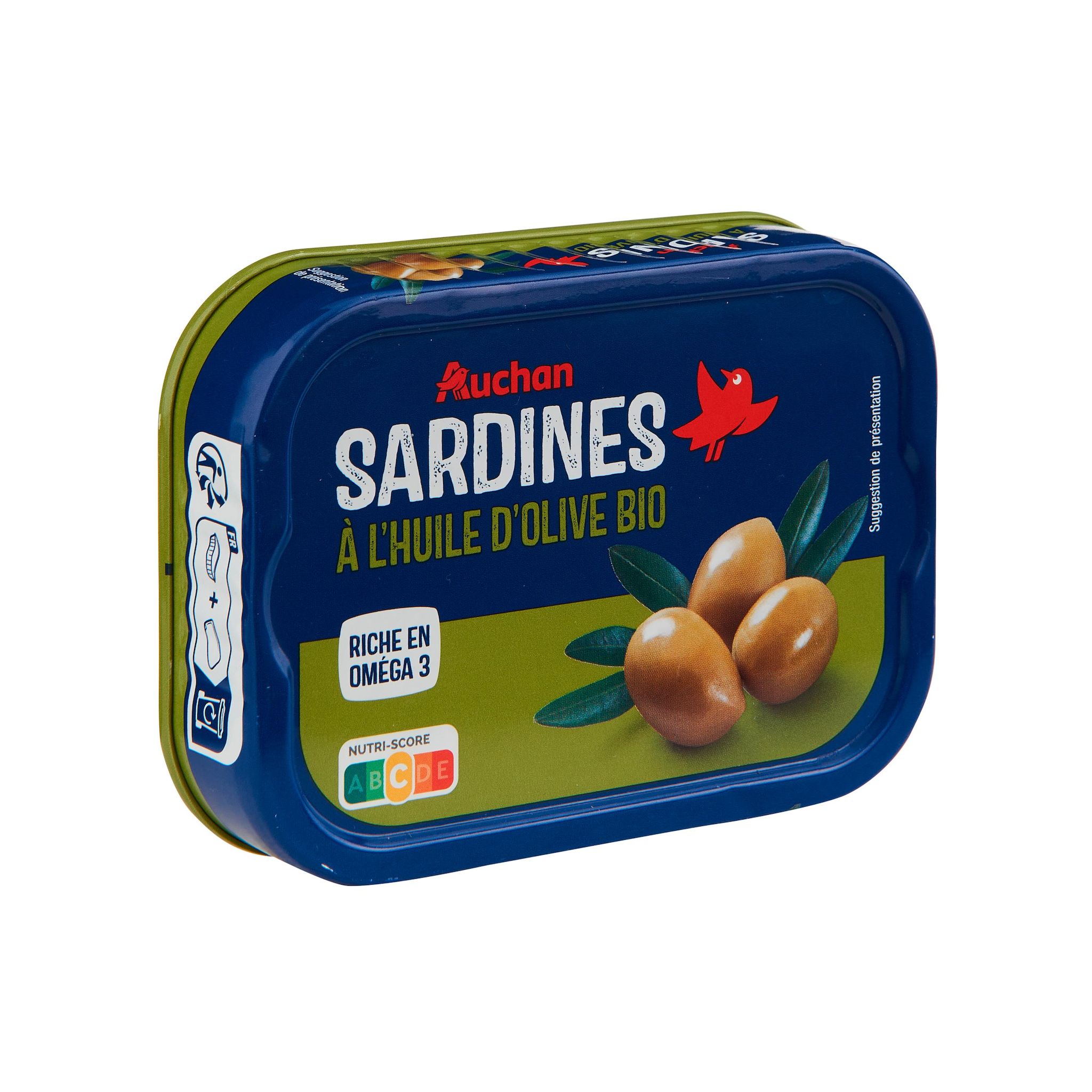 Voir la diapositive 3 : AUCHAN Sardines à l'huile d'olive extra bio 115g