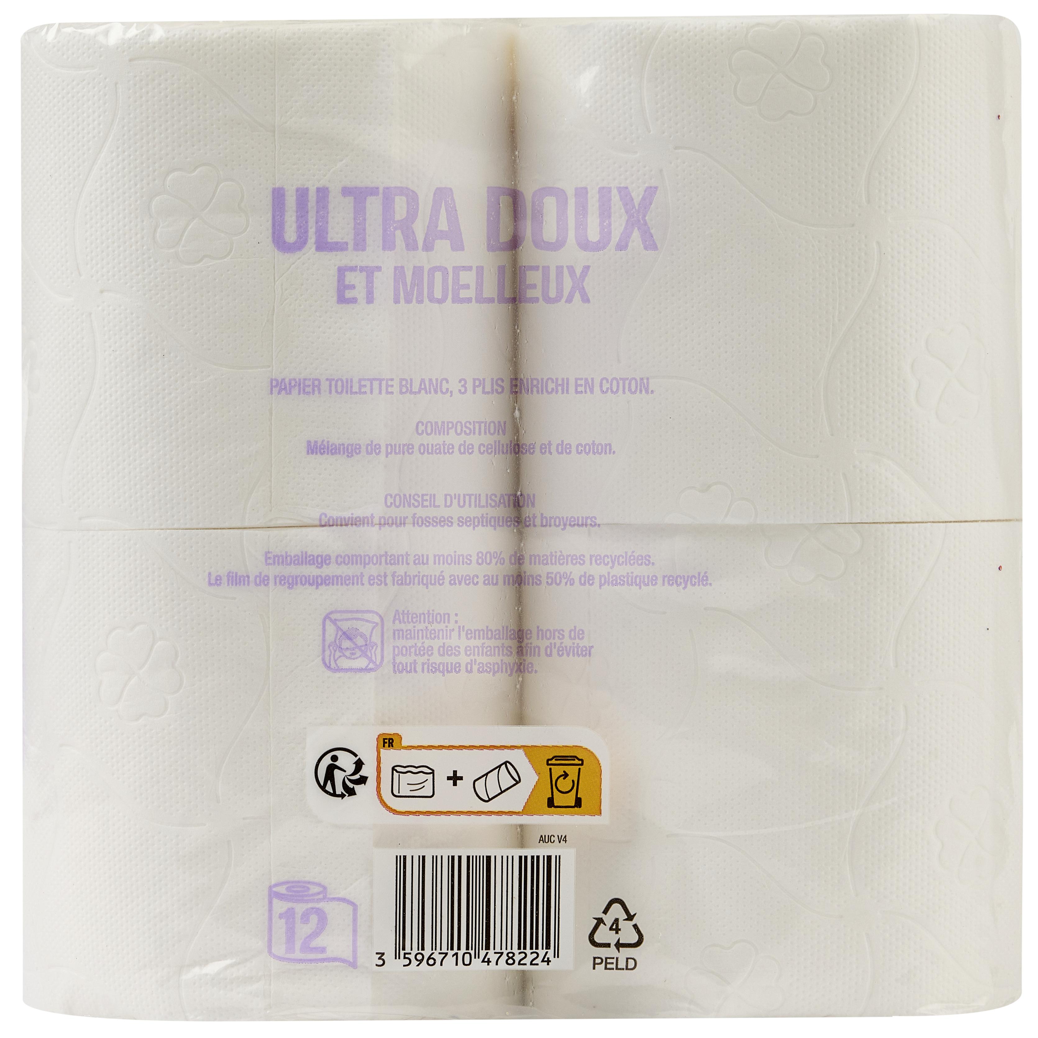 Voir la diapositive 2 : AUCHAN Papier toilette blanc ultra doux et moelleux 3 épaisseurs 12 rouleaux