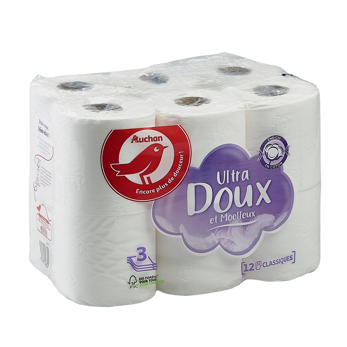 AUCHAN Papier toilette blanc ultra doux et moelleux 3 épaisseurs 12 rouleaux