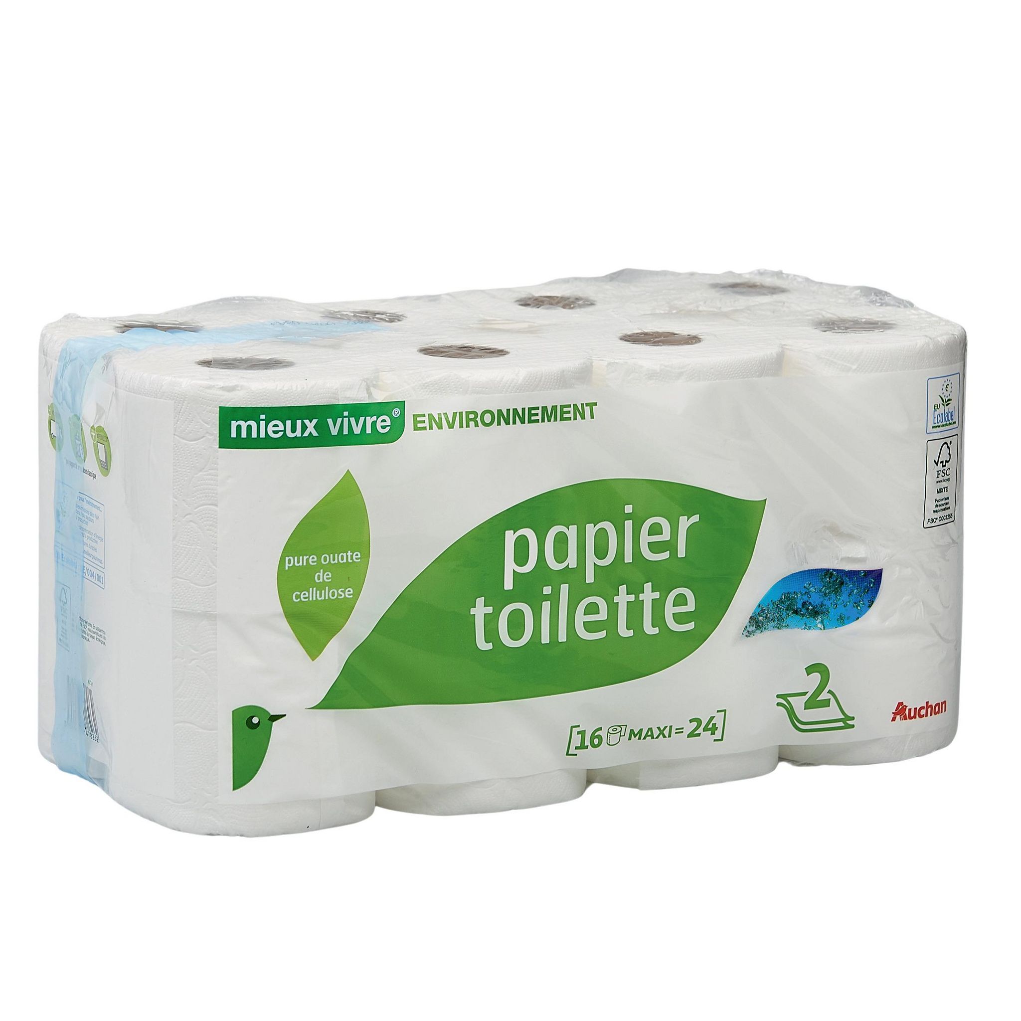 Voir la diapositive 2 : AUCHAN MIEUX VIVRE Papier toilette écologique blanc maxi 2 épaisseurs = 24 standards 16 rouleaux